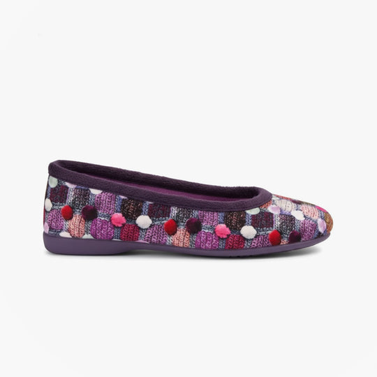 Sleepers SAMIRA Womens Polka Dot Velour Lined Ballet Slippers Purple/Multi