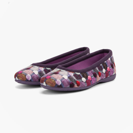 Sleepers SAMIRA Womens Polka Dot Velour Lined Ballet Slippers Purple/Multi