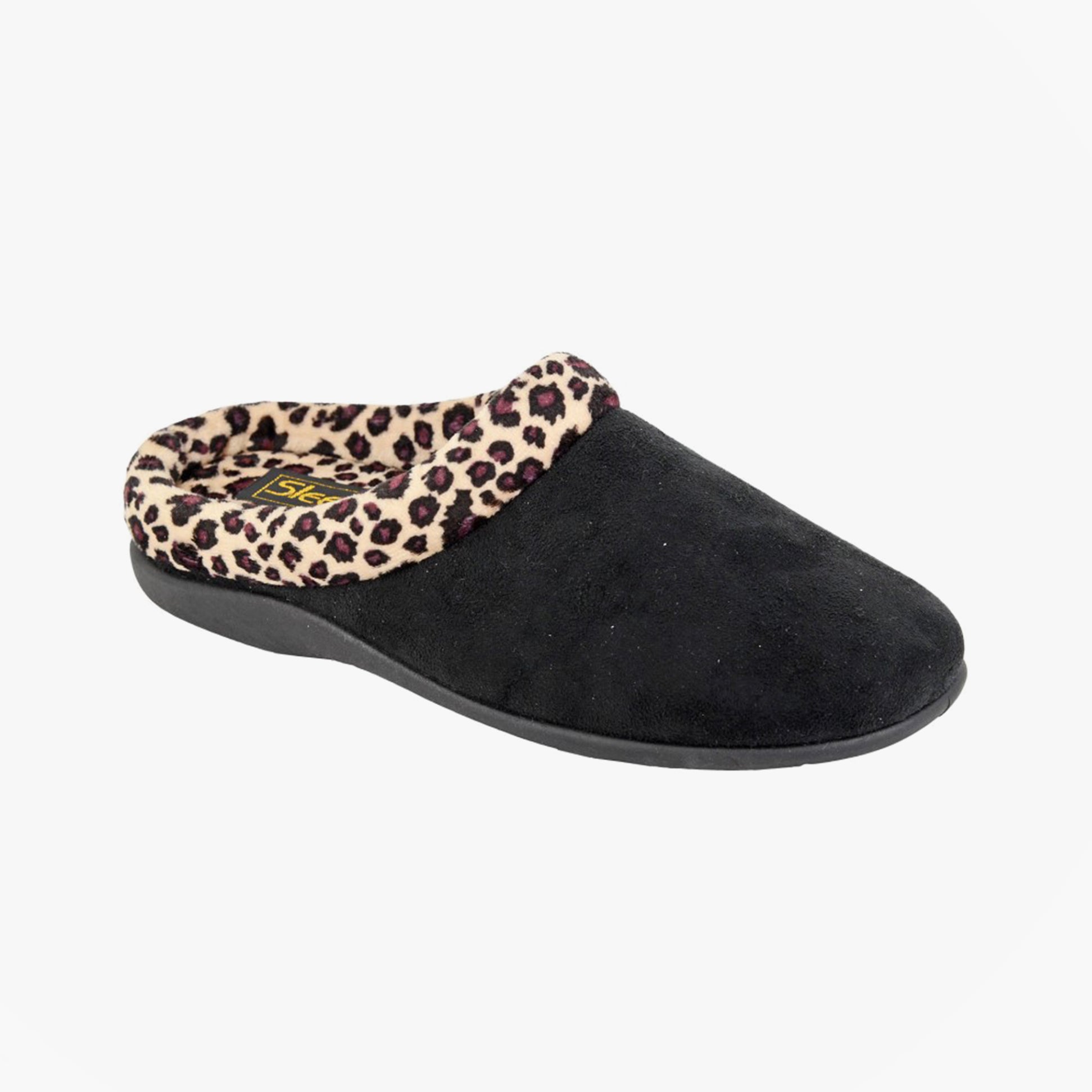 Sleepers CARMEN Womens Mules Slippers Black/Ocelot side view showing black textile upper and leopard print lining.