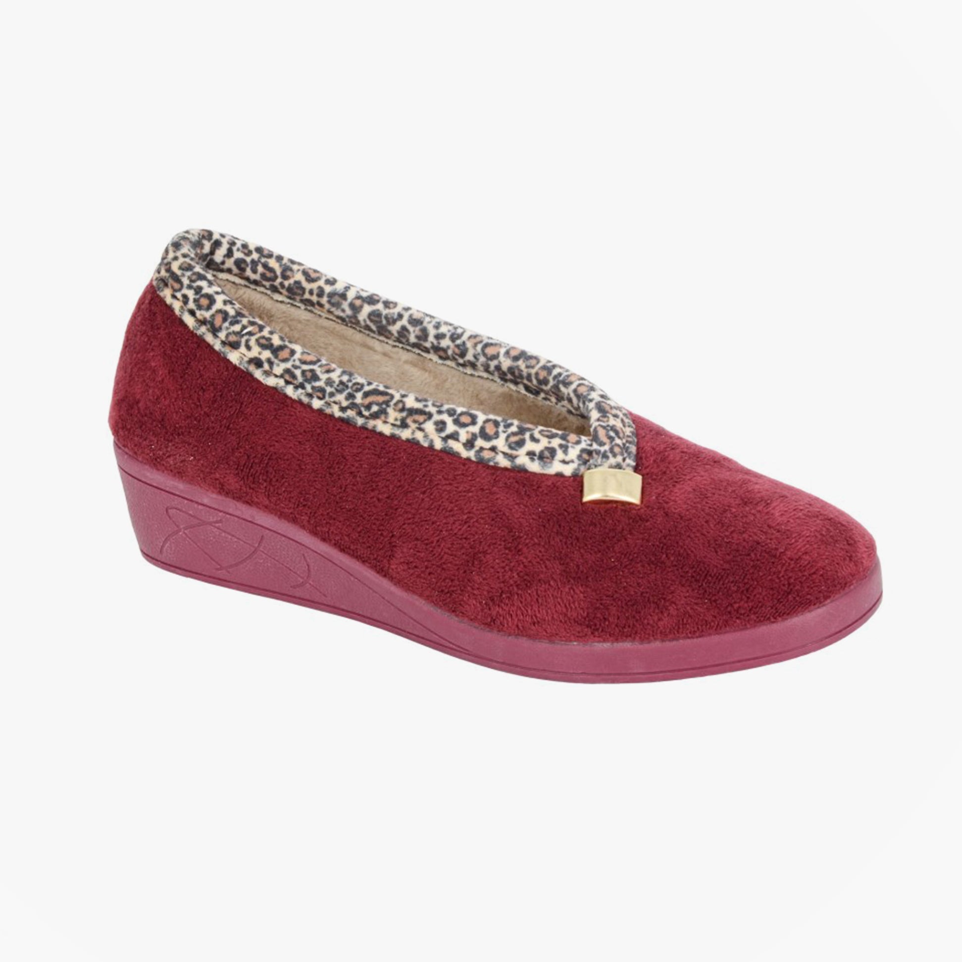 Sleepers DAWN Womens Full Slippers Slippers Burgundy/Ocelot side view showing textile upper and comfortable low heel