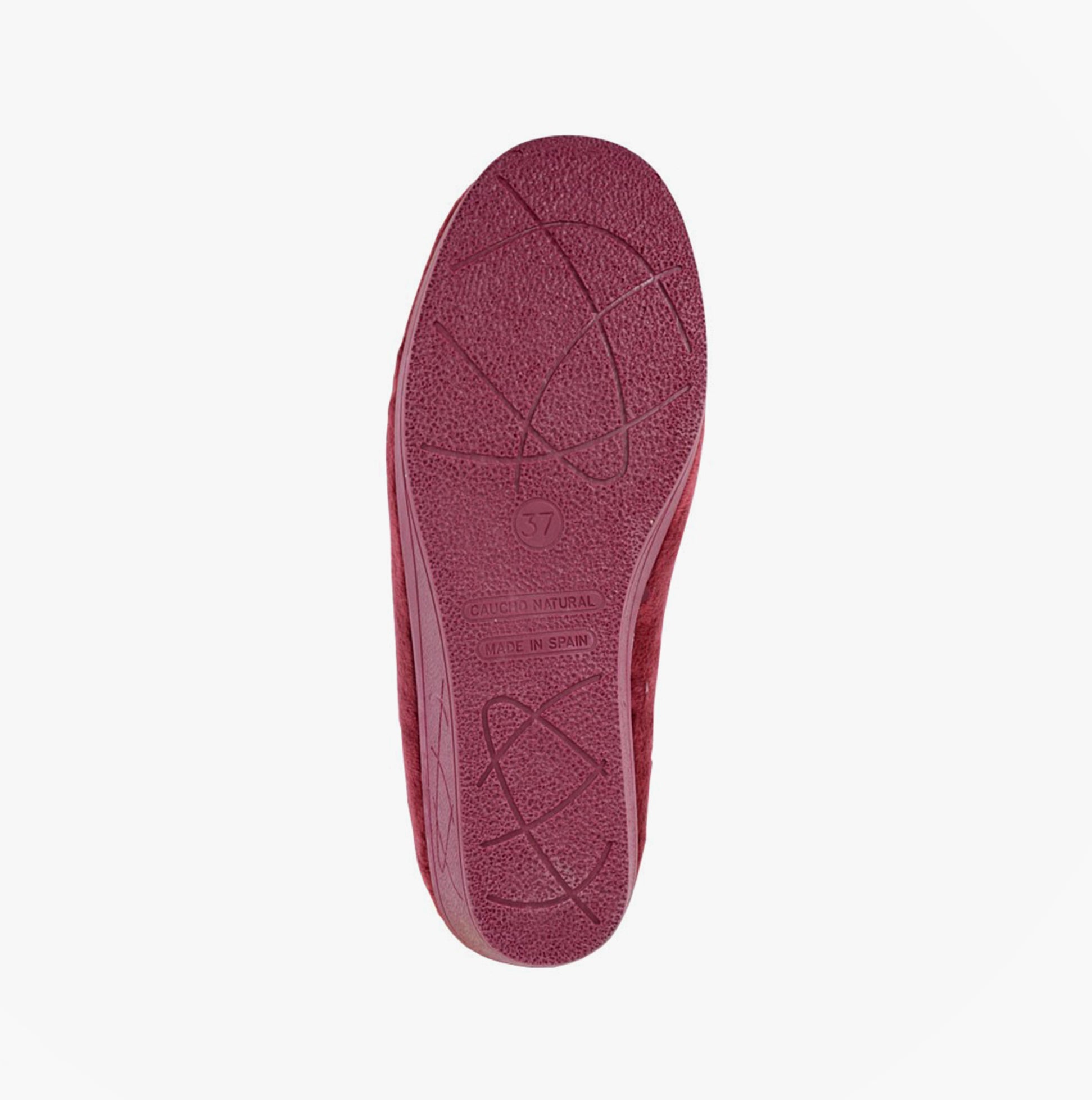 Sleepers DAWN Womens Full Slippers Slippers Burgundy/Ocelot bottom view with textured rubber sole.