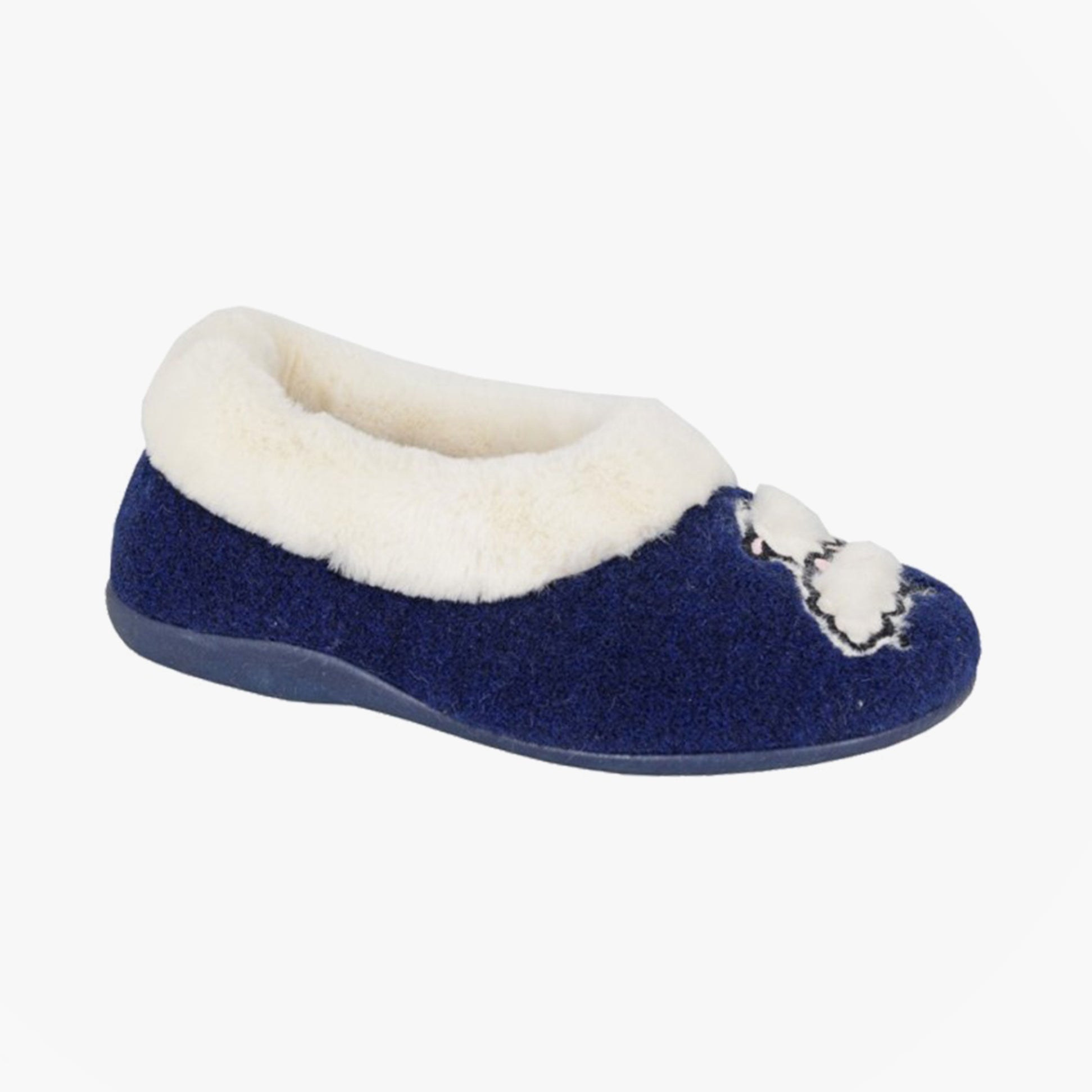 Sleepers NIKKI Womens Full Slippers Slippers Navy, side view showing rounded toe and plush lining.