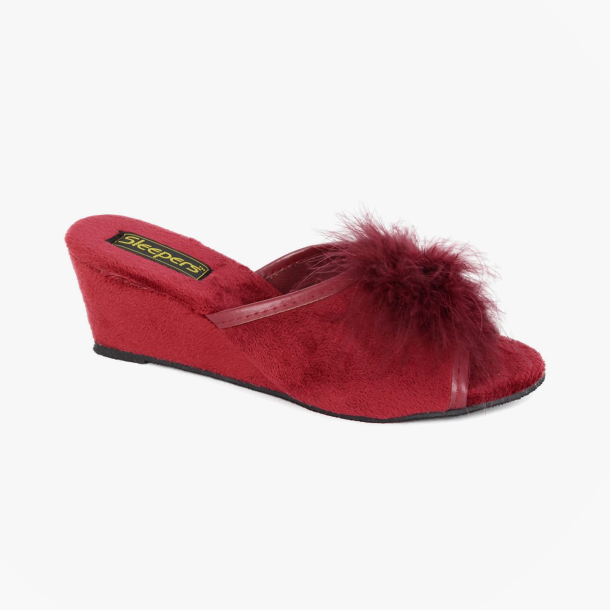 Sleepers ANNE Womens Mules Slippers Burgundy side view of stylish slip-on slippers with faux fur detail.