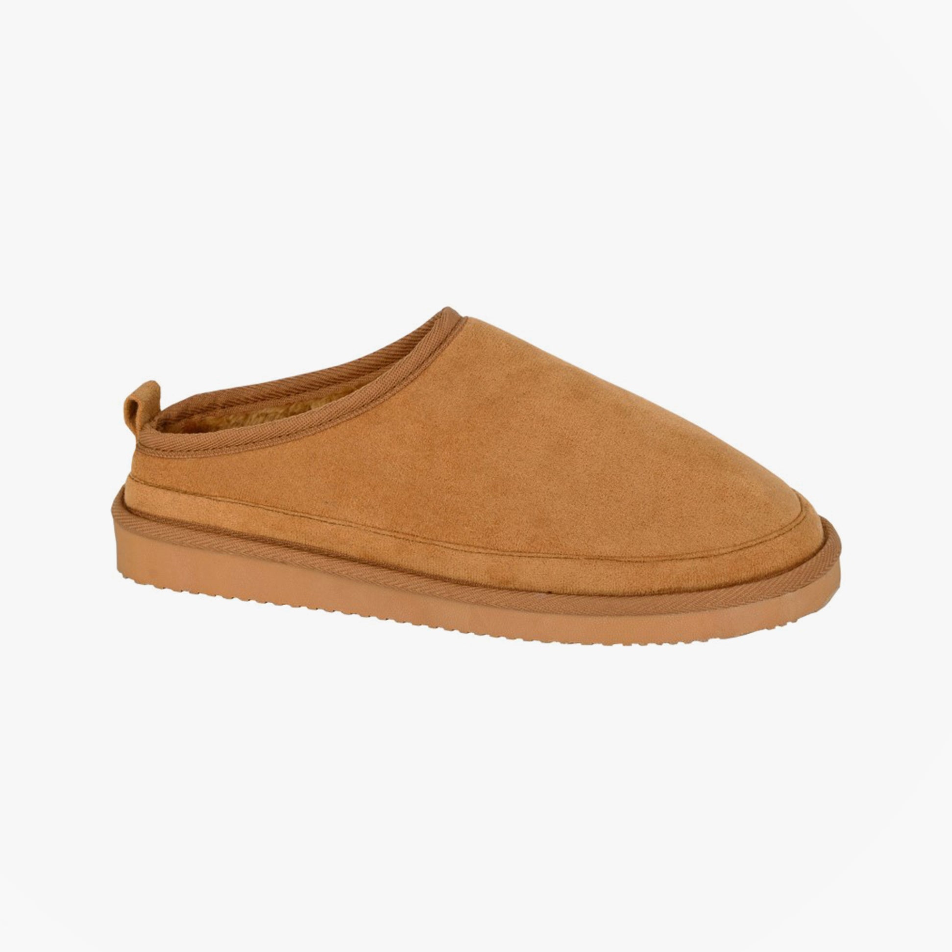 Sleepers DAVID Mens Mules Slippers Tan side view of comfortable suede slip-on mules with faux fur lining.