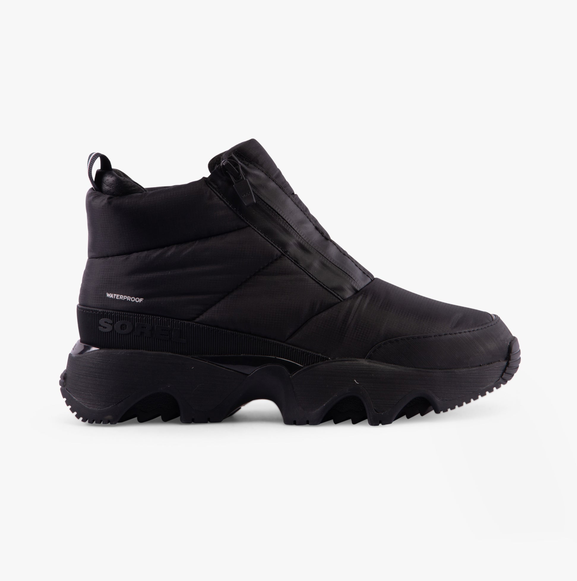 Sorel KINETIC IMPACT PUFFY ZIP Womens Winter Boots Black side view showing waterproof textile upper and rubber sole.