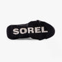 Sorel KINETIC IMPACT PUFFY ZIP Womens Winter Boots Black underside view showcasing rubber sole with logo.
