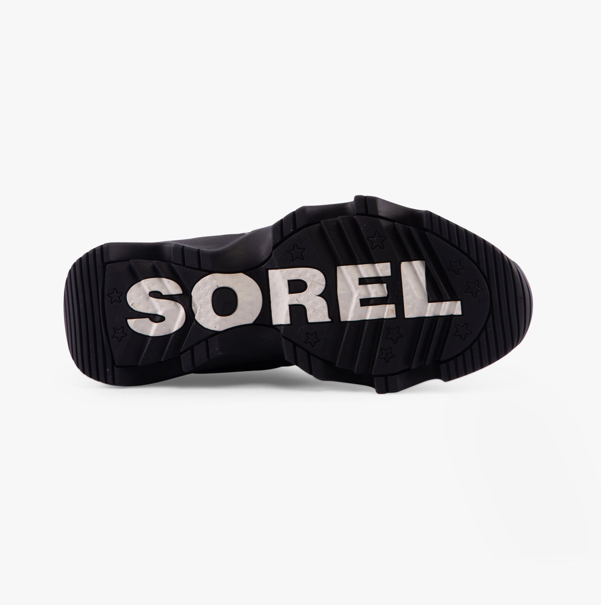 Sorel KINETIC IMPACT PUFFY ZIP Womens Winter Boots Black underside view showcasing rubber sole with logo.
