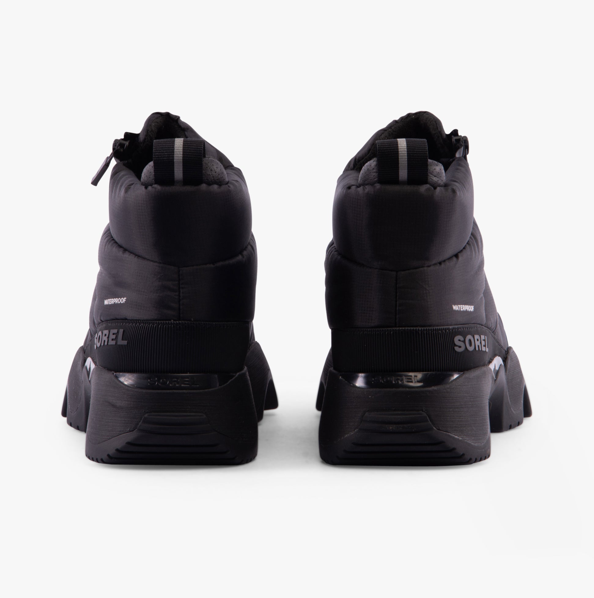 Sorel KINETIC IMPACT PUFFY ZIP Womens Winter Boots Black back view showcasing waterproof design and comfort features.