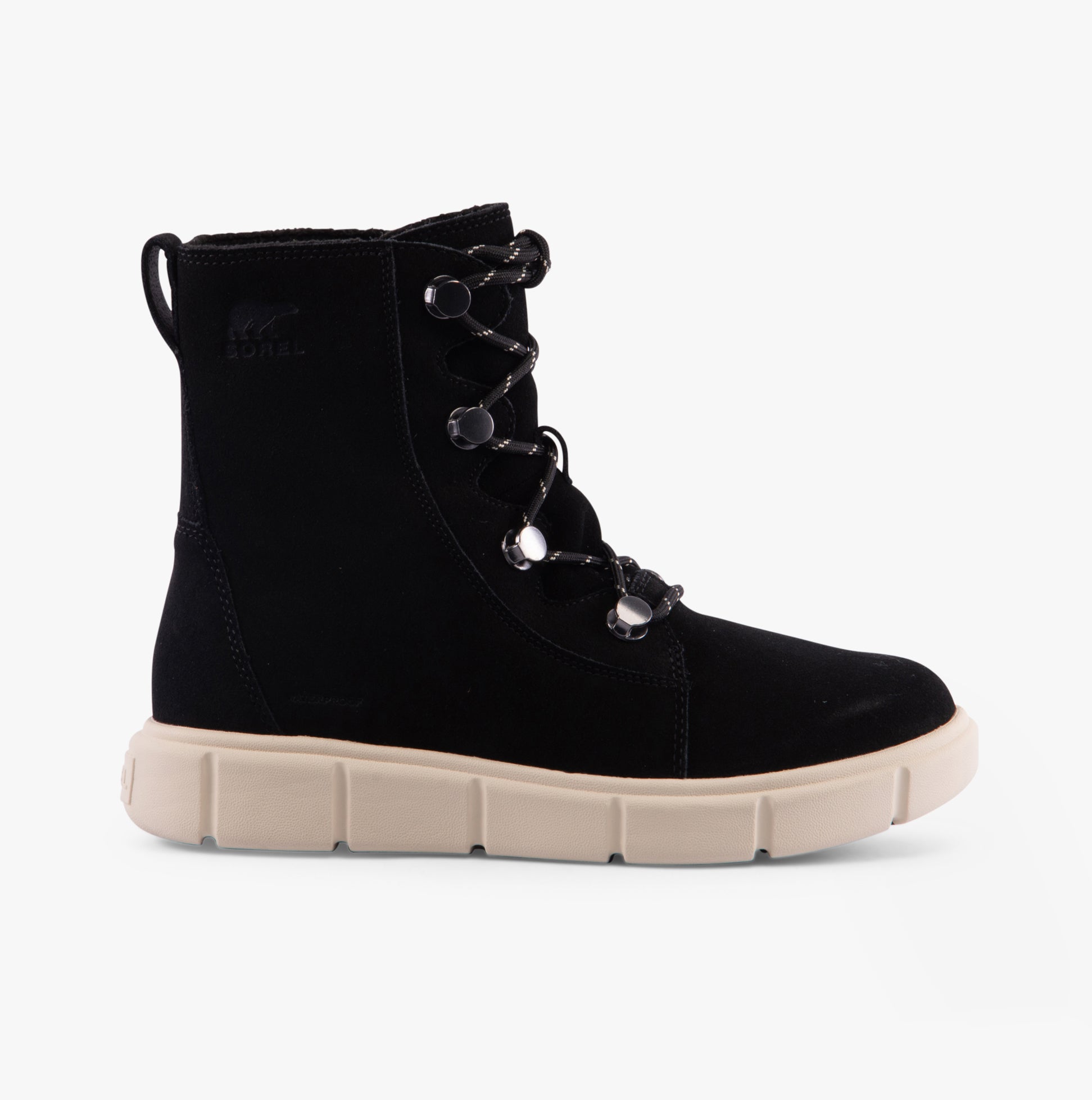 Sorel EXPLORER III JOAN Womens Winter Boots Black side view with lace-up fastening and rubber sole