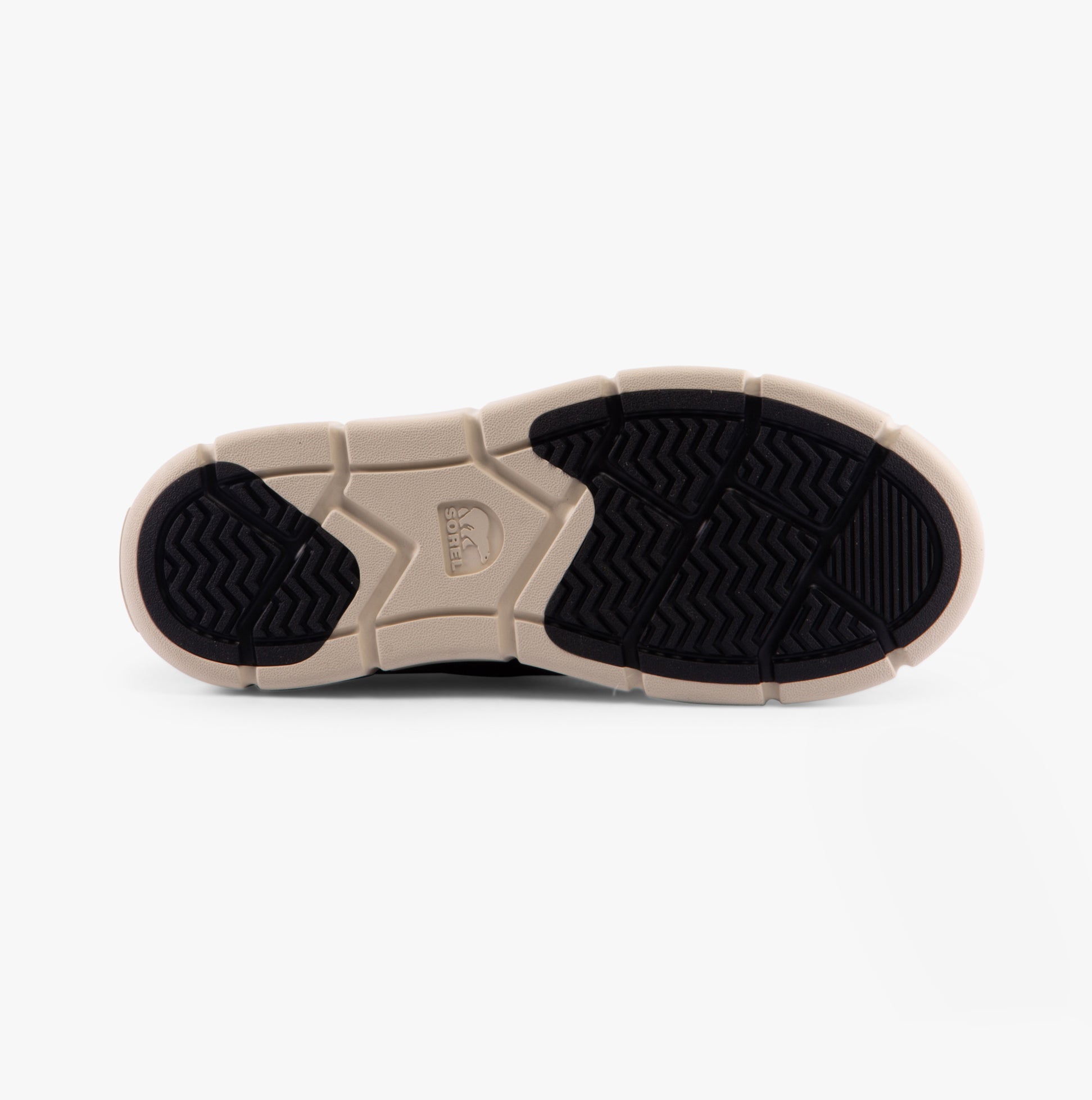 Sorel EXPLORER III JOAN Womens Winter Boots Black bottom view showing rubber sole with traction pattern.