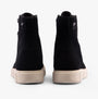 Sorel EXPLORER III JOAN Womens Winter Boots Black rear view showcasing suede upper and rubber sole.