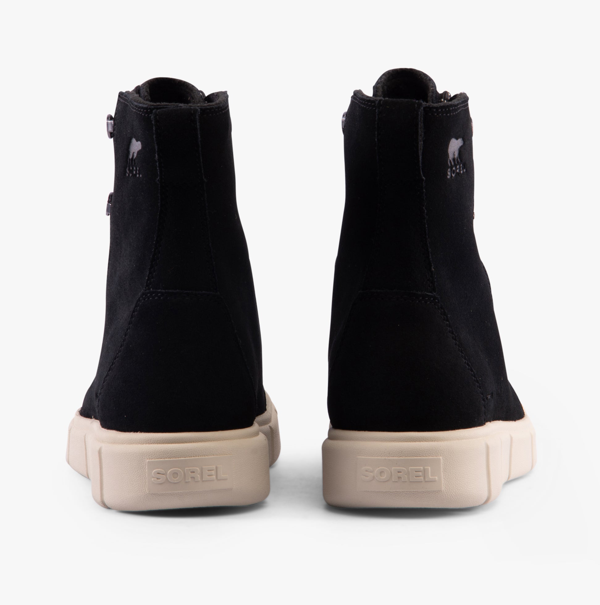 Sorel EXPLORER III JOAN Womens Winter Boots Black rear view showcasing suede upper and rubber sole.