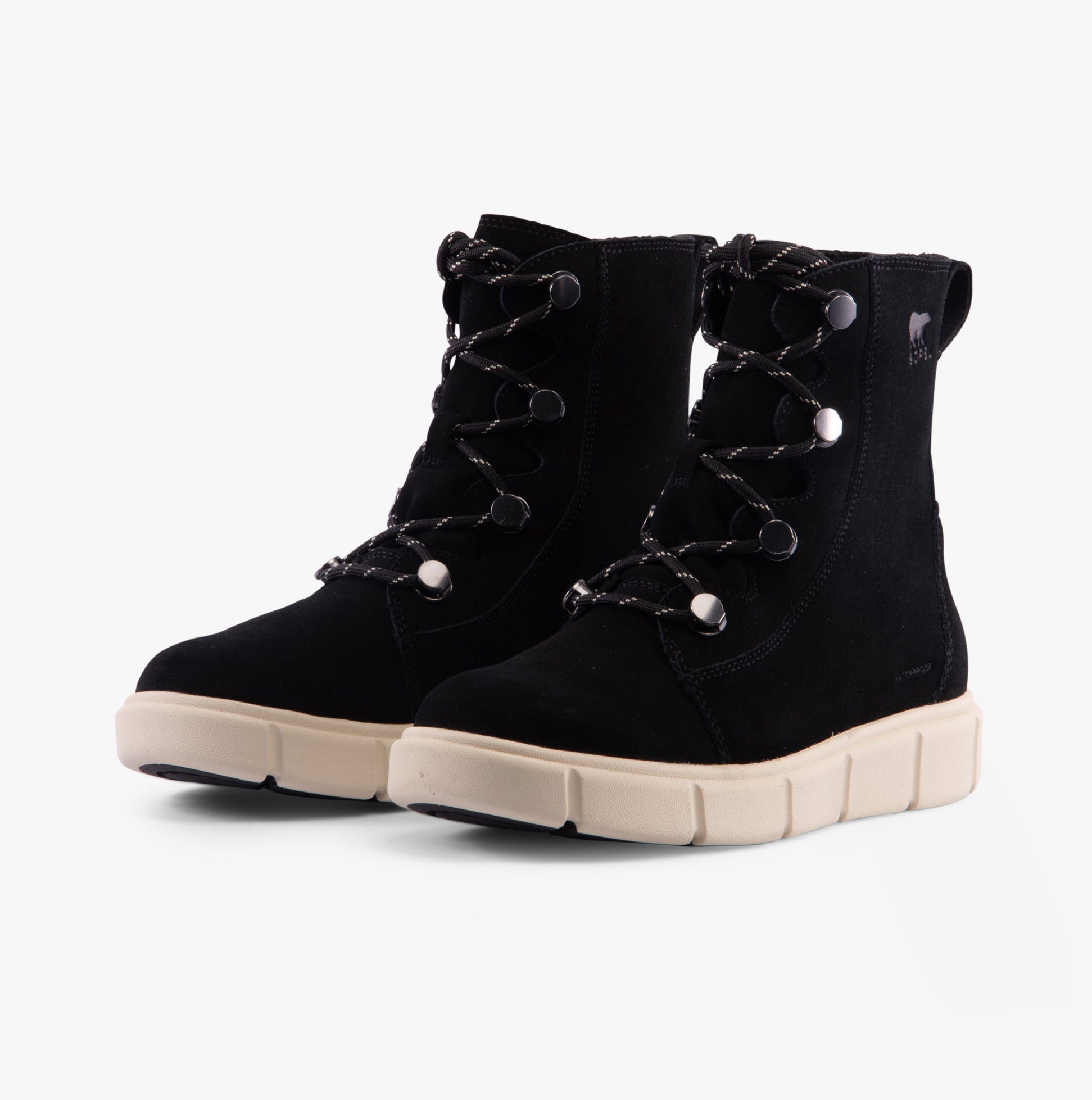 Sorel EXPLORER III JOAN Womens Winter Boots Black side view showcasing suede upper and rubber sole.