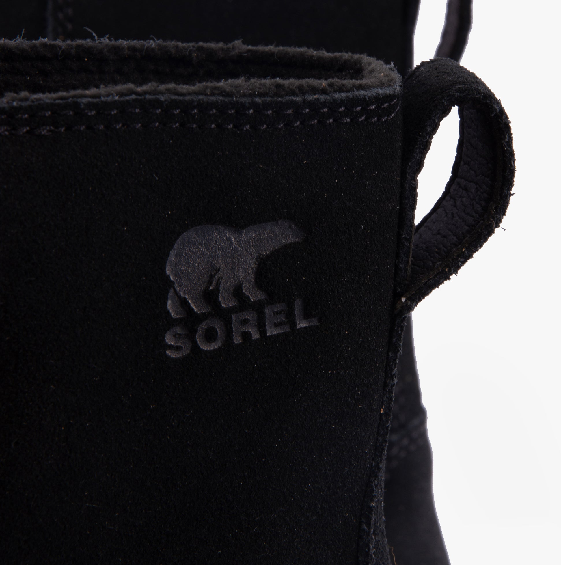 Sorel EXPLORER III JOAN Womens Winter Boots Black detail view showing logo on ankle