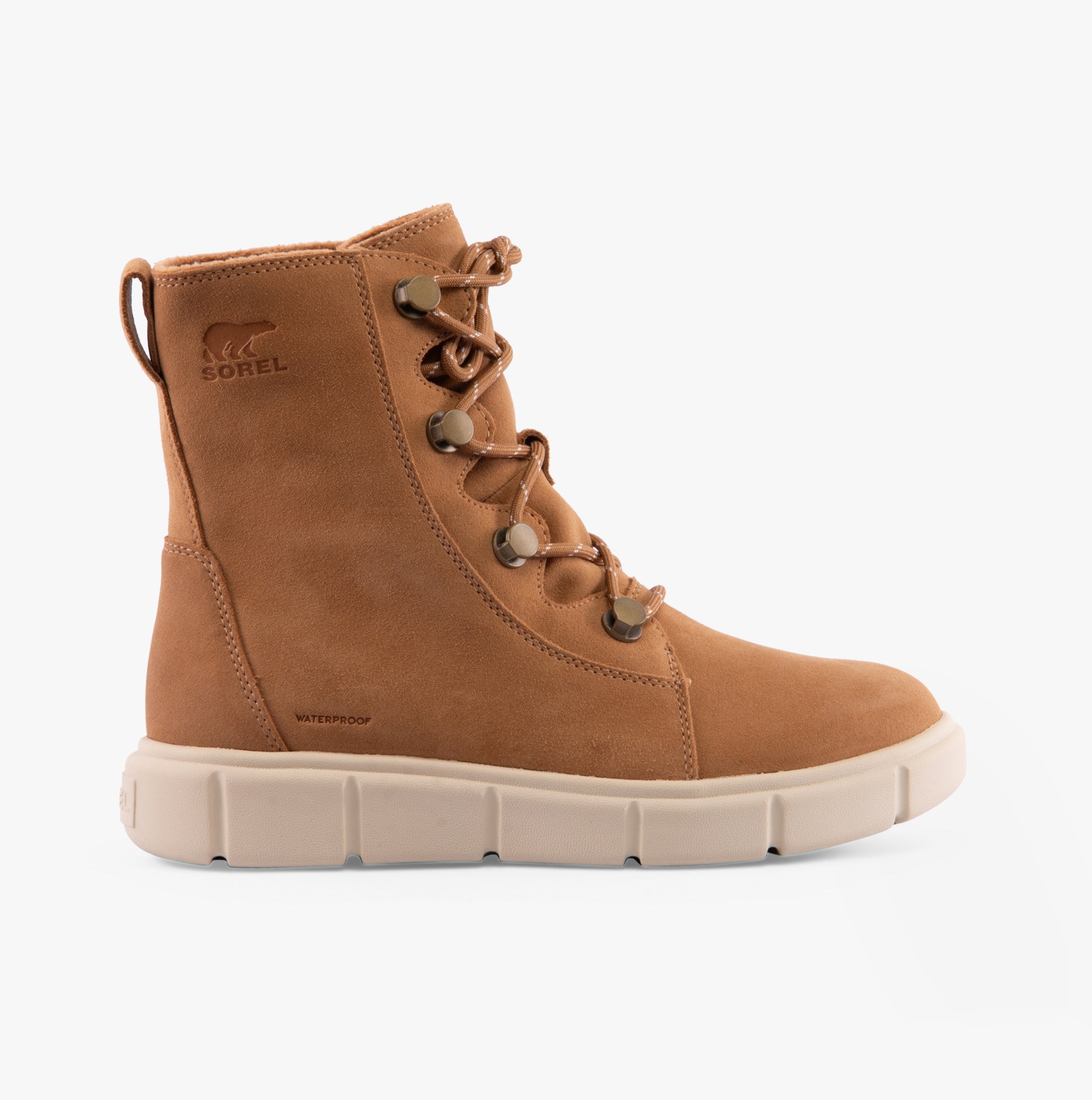 Sorel EXPLORER III JOAN Womens Winter Boots Brown side view showcasing ankle height and lace-up design.