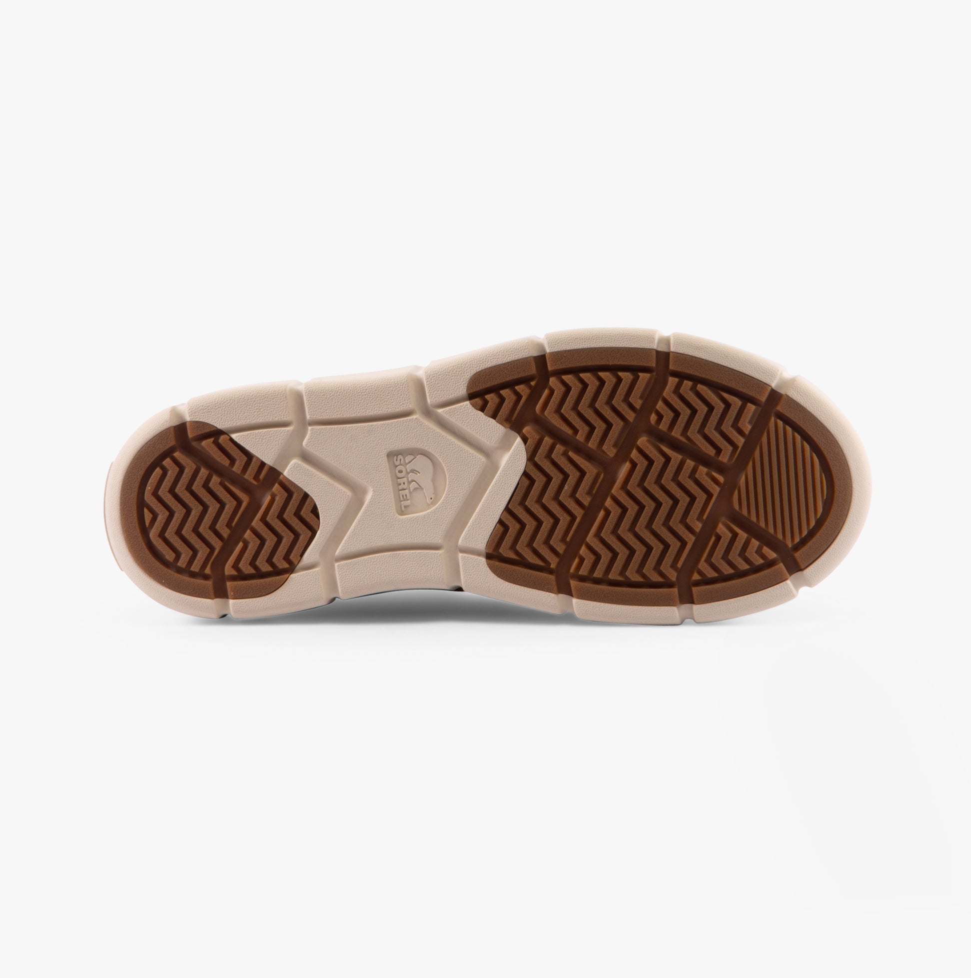 Sorel EXPLORER III JOAN Womens Winter Boots Brown bottom view, showcasing rubber sole with traction patterns.
