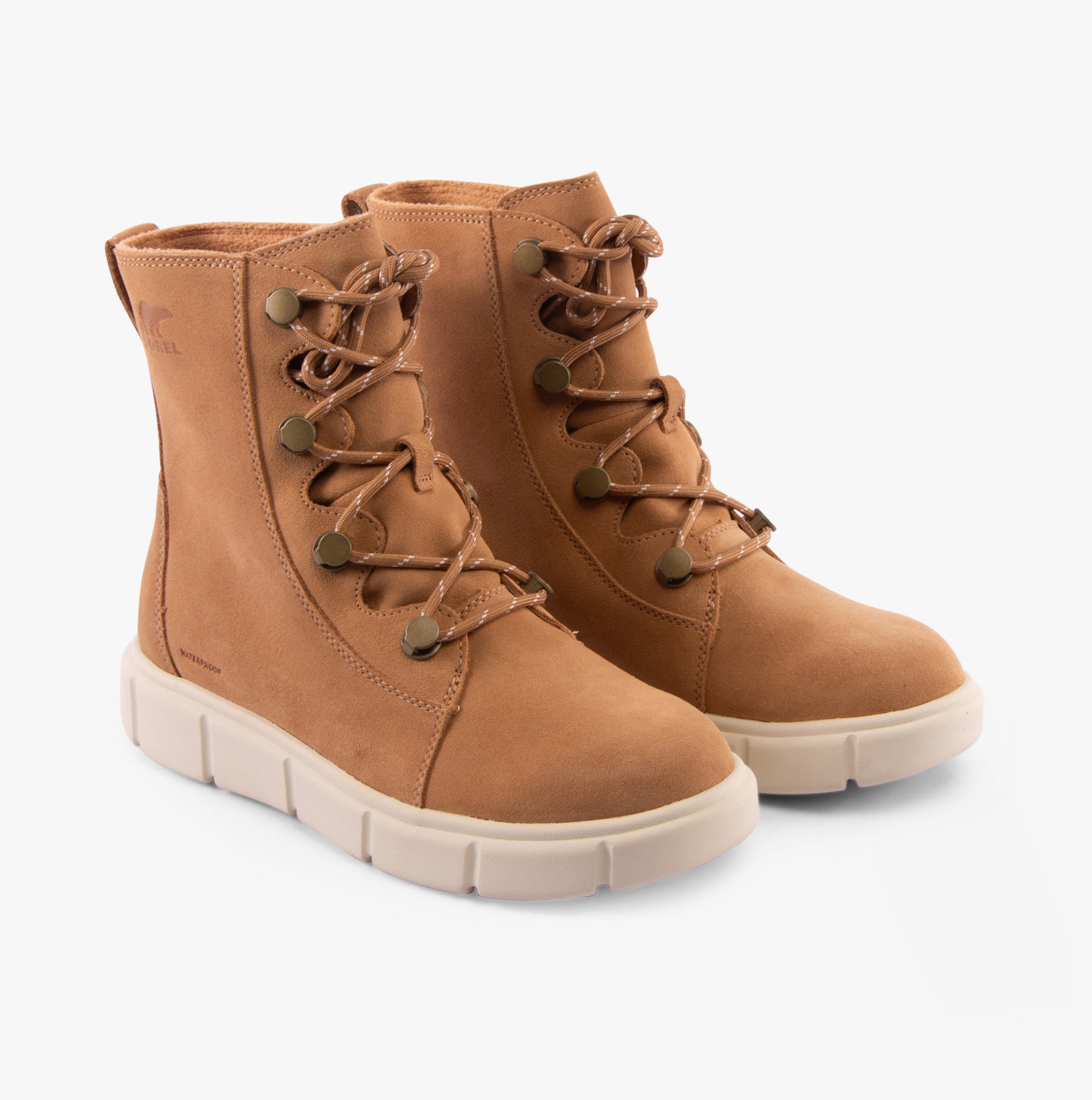 Sorel EXPLORER III JOAN Womens Winter Boots Brown side view with lace-up closure and rubber sole.