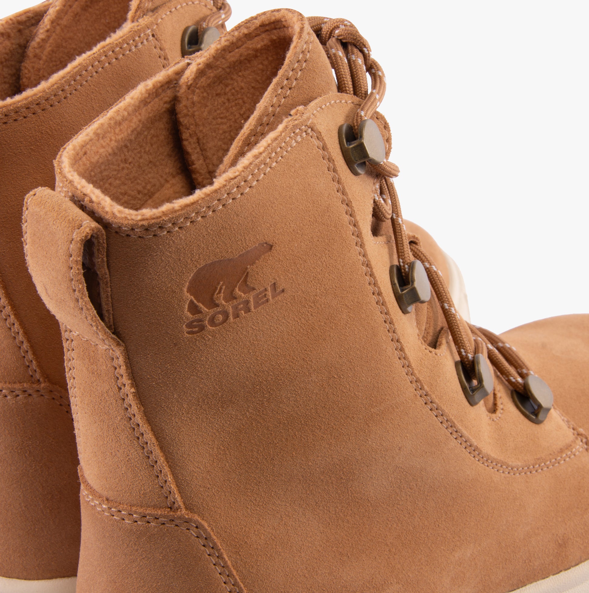 Sorel EXPLORER III JOAN Womens Winter Boots Brown detail view showing lace-up design and suede upper.