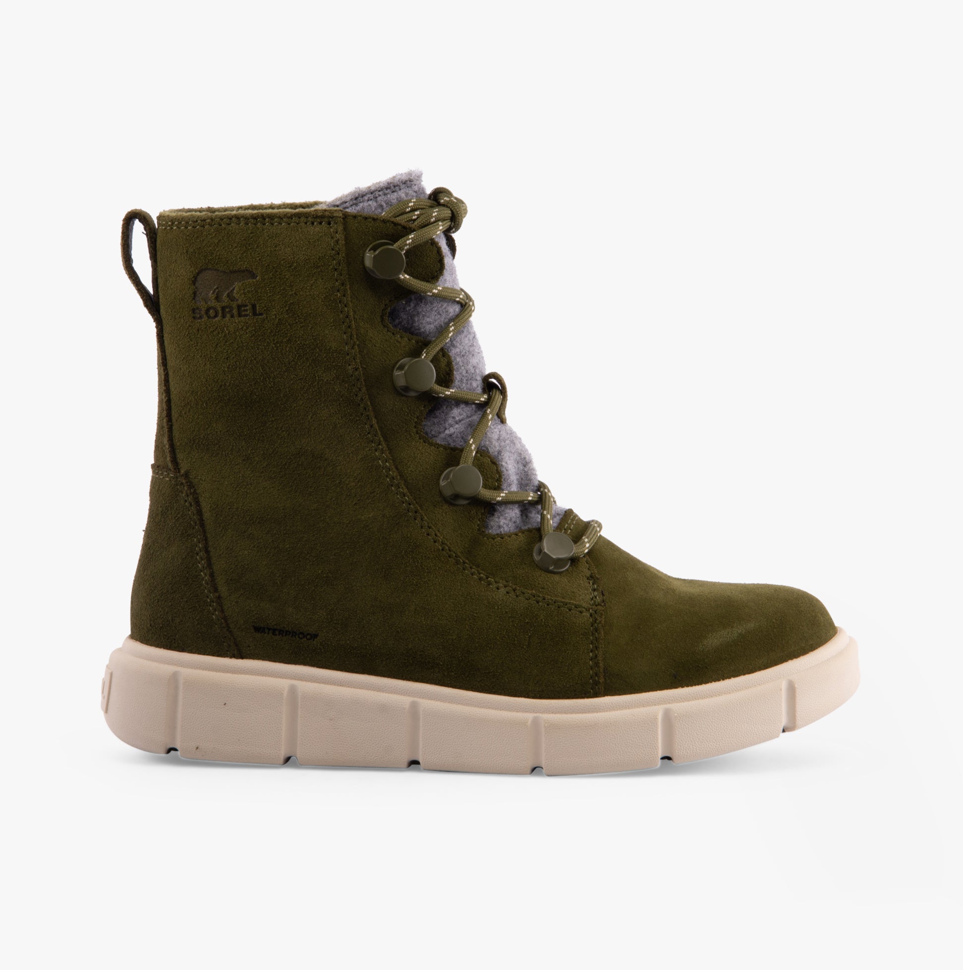 Sorel EXPLORER III JOAN Womens Winter Boots Green side view, featuring suede upper, lace-up detailing, and rubber sole.