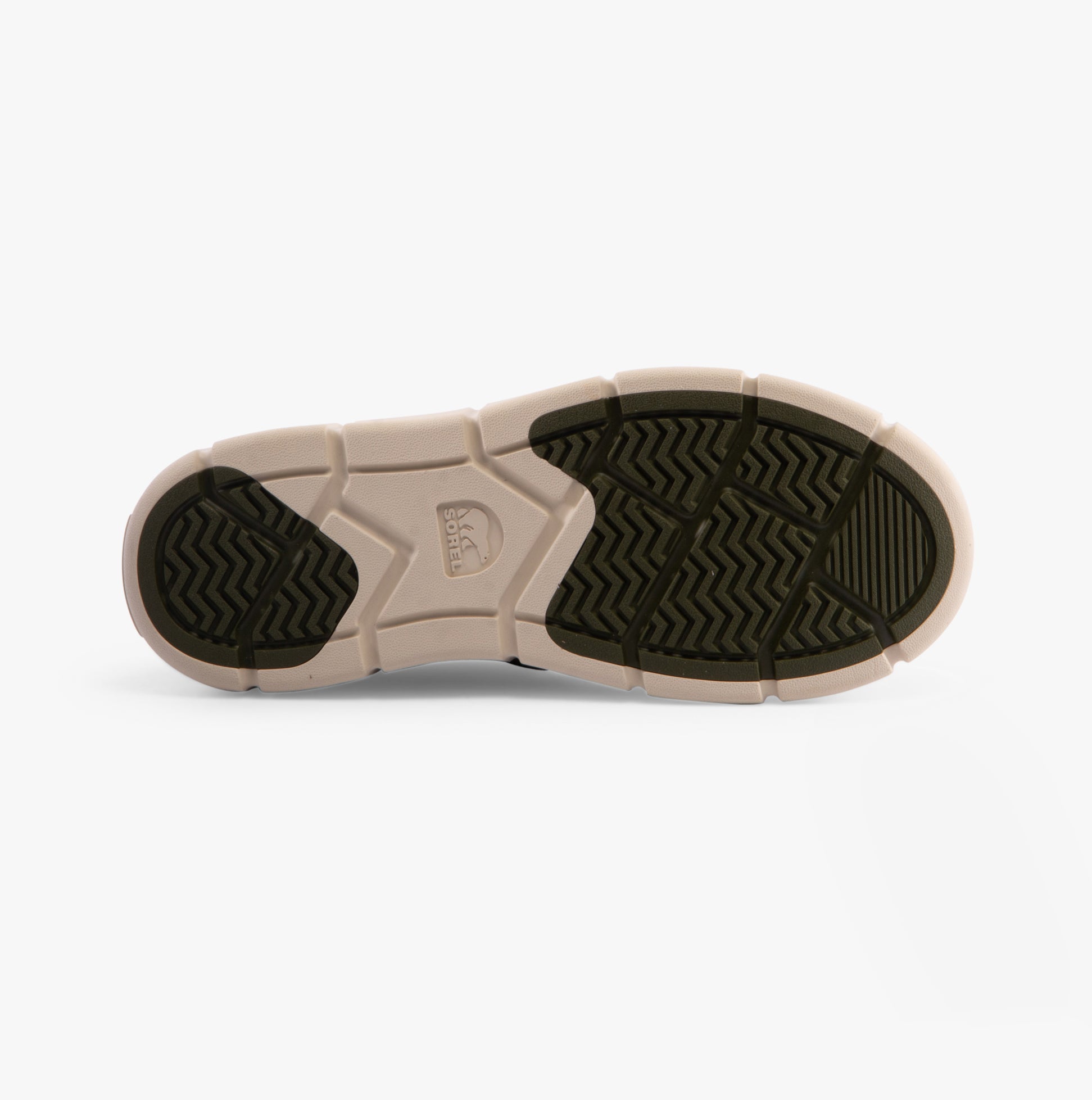 Sorel EXPLORER III JOAN Womens Winter Boots Green bottom view showing rubber sole details and traction pattern.