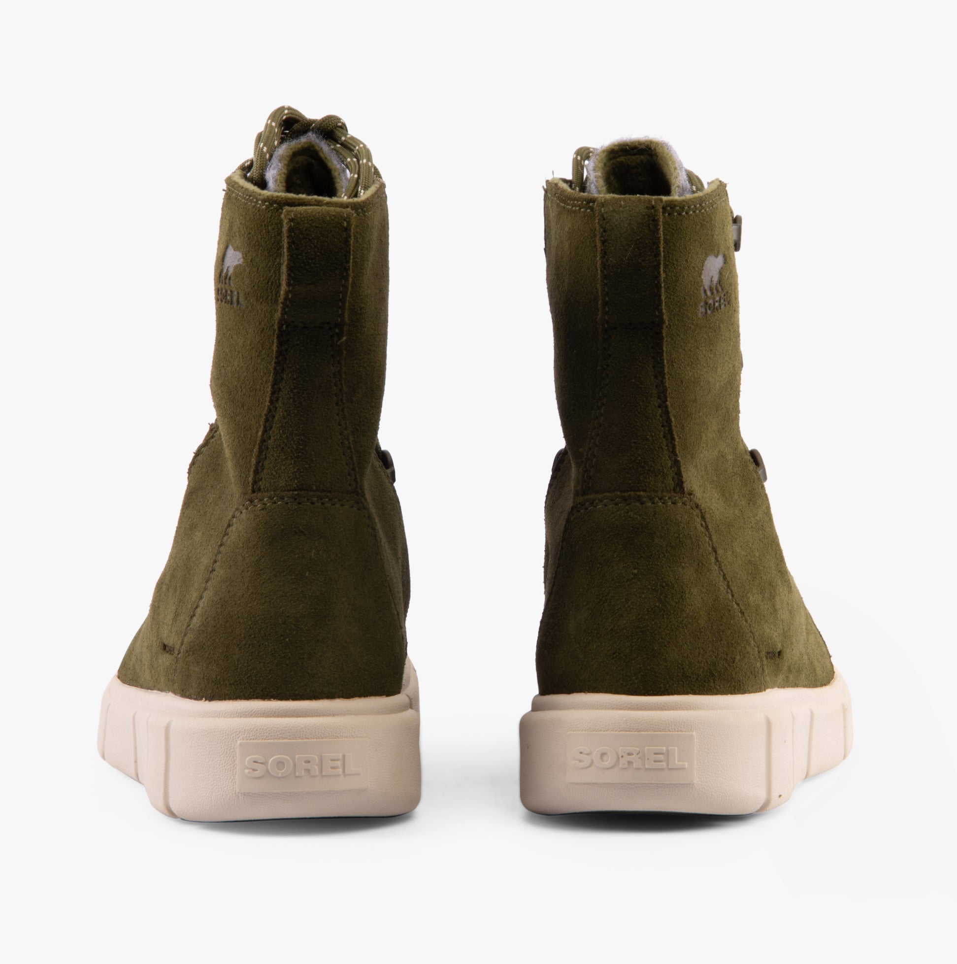 Sorel EXPLORER III JOAN Womens Winter Boots Green rear view showing suede material and rubber sole.