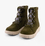 Sorel EXPLORER III JOAN Womens Winter Boots Green side view featuring lace-up design and suede upper.