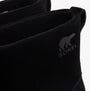 Sorel EXPLORER III SLIP-ON Womens Winter Boots Black close-up view showcasing the Suede upper and logo detail.