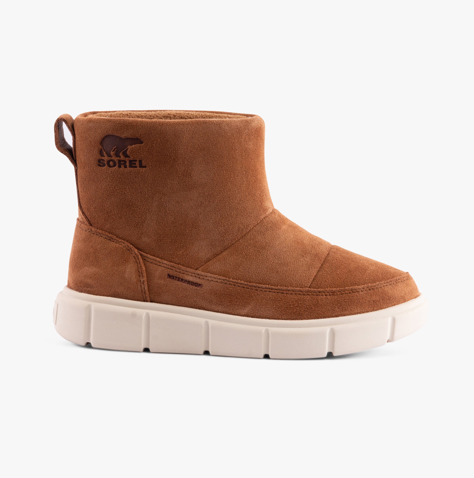 Sorel EXPLORER III SLIP-ON Womens Winter Boots Brown side view showing suede upper and rubber sole.