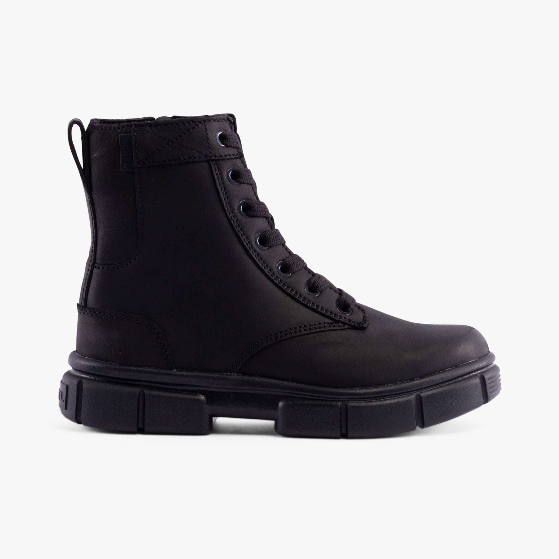 Sorel EXPLORER STRT LACE Womens Boots Black side view showing lace-up leather ankle boots with rubber sole.