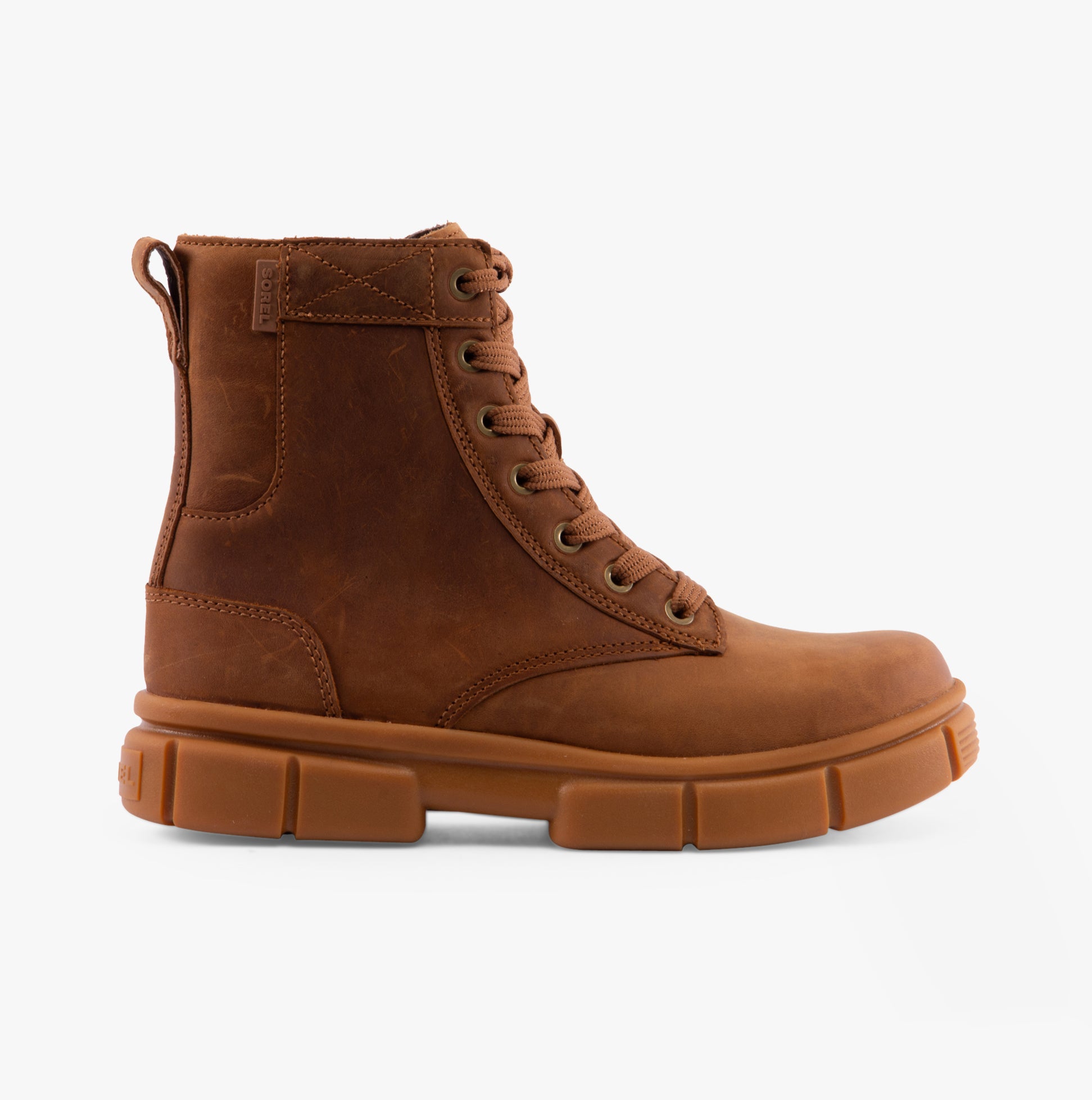 Sorel EXPLORER STRT LACE Womens Boots Brown side view showcasing leather upper and lace-up closure.