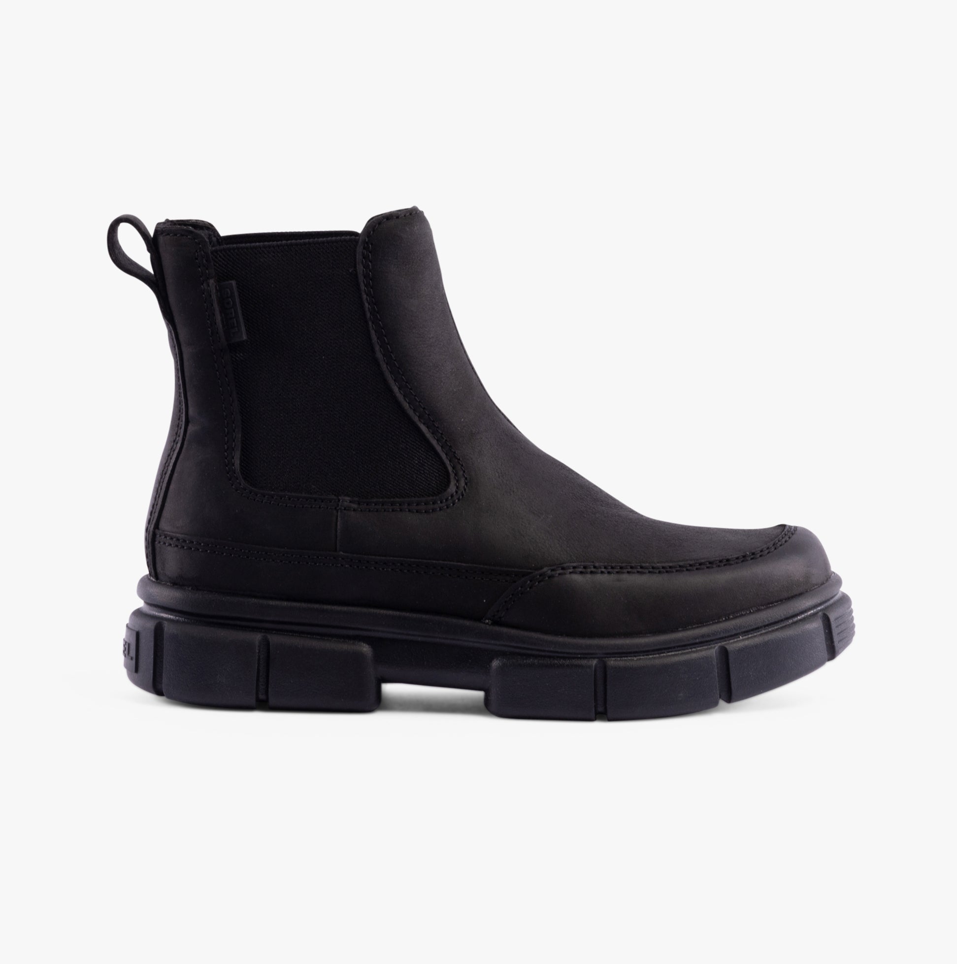 Sorel EXPLORER STRT Womens Chelsea Boots Black side view featuring leather and suede upper with elasticated side panel