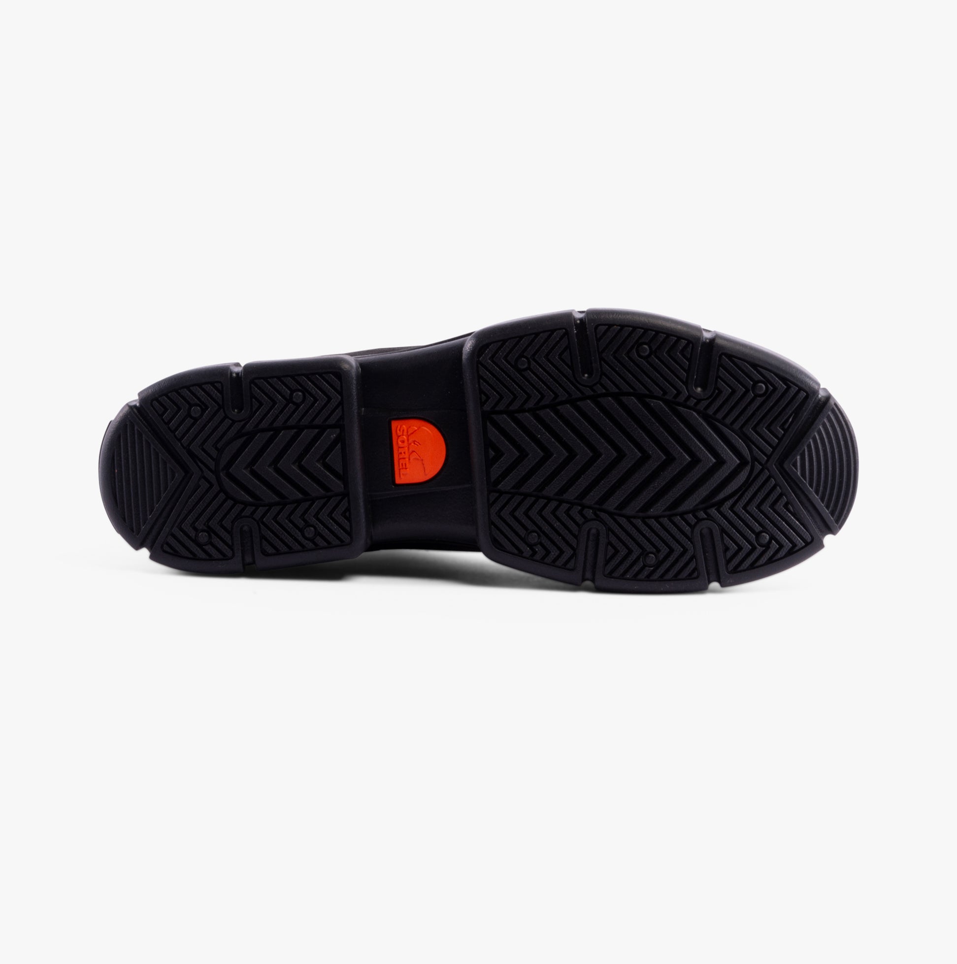 Sorel EXPLORER STRT Womens Chelsea Boots Black bottom view, showcasing rubber sole with tread pattern and red logo.