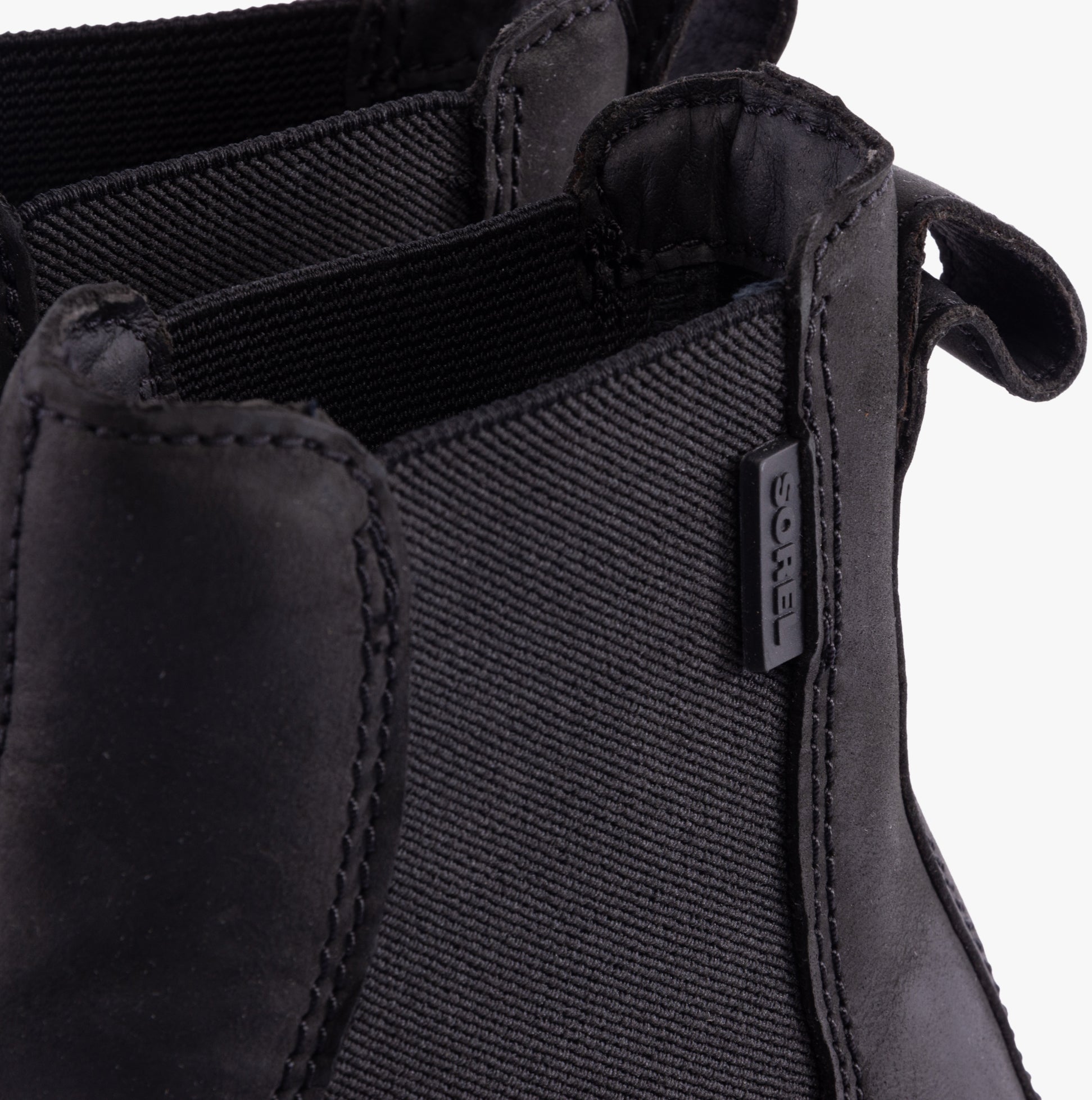 Sorel EXPLORER STRT Womens Chelsea Boots Black close-up view showing elasticated side panel and leather detail.