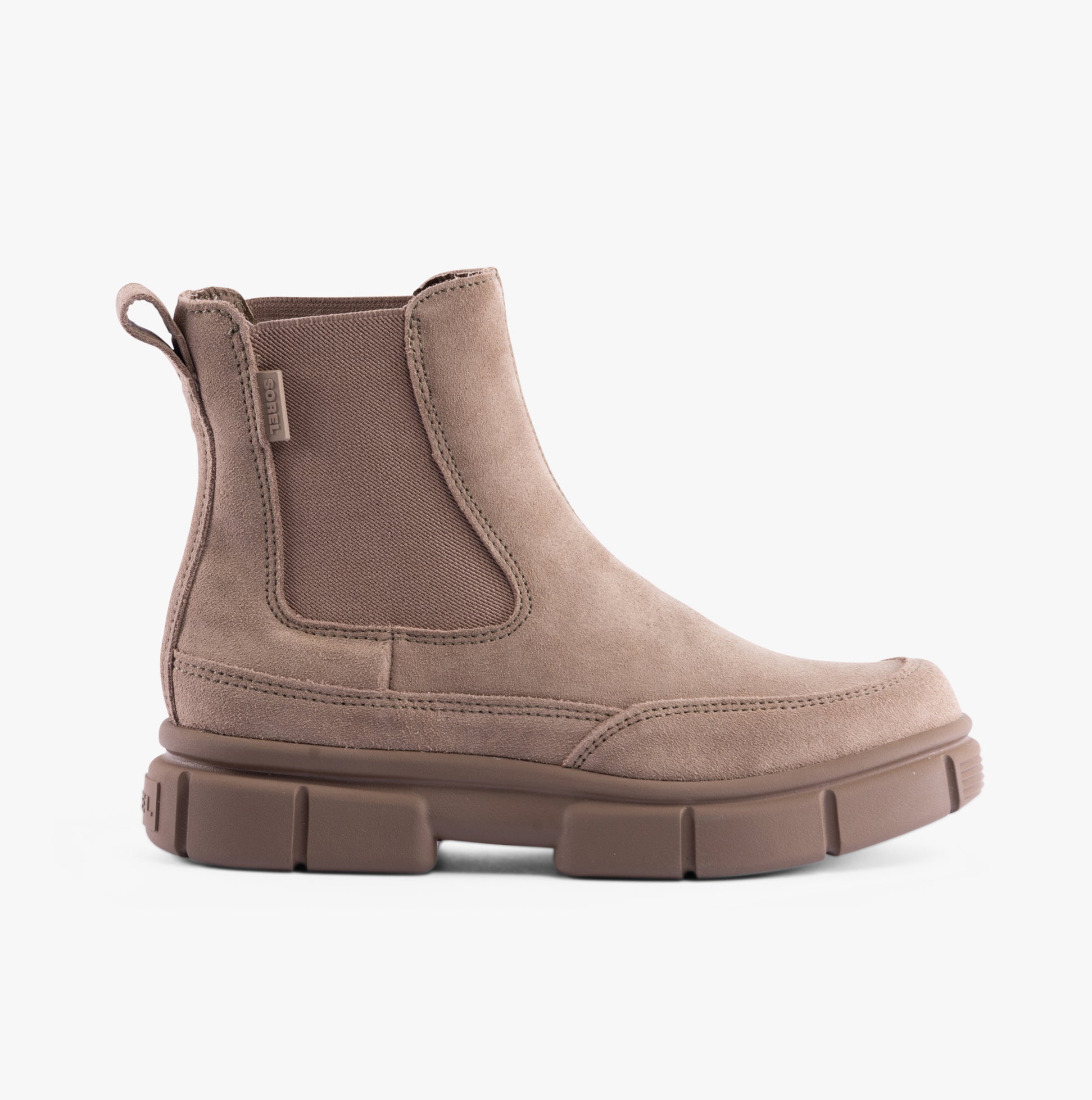 Sorel EXPLORER STRT Womens Chelsea Boots Brown side view showing leather upper and rubber sole.