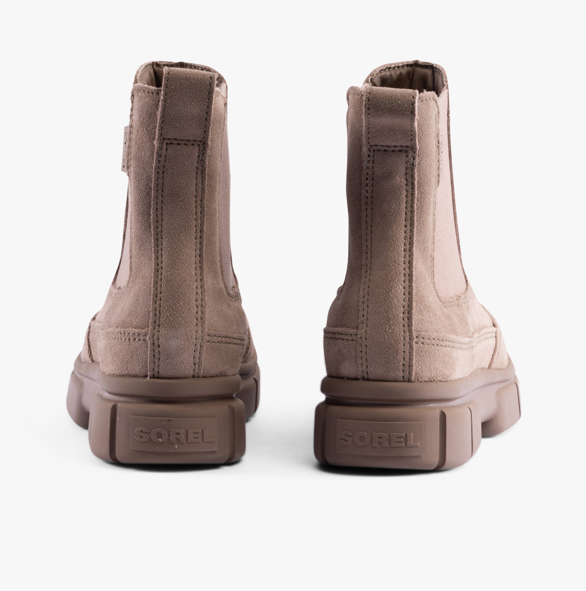Sorel EXPLORER STRT Womens Chelsea Boots Brown, rear view showcasing the suede and rubber details.