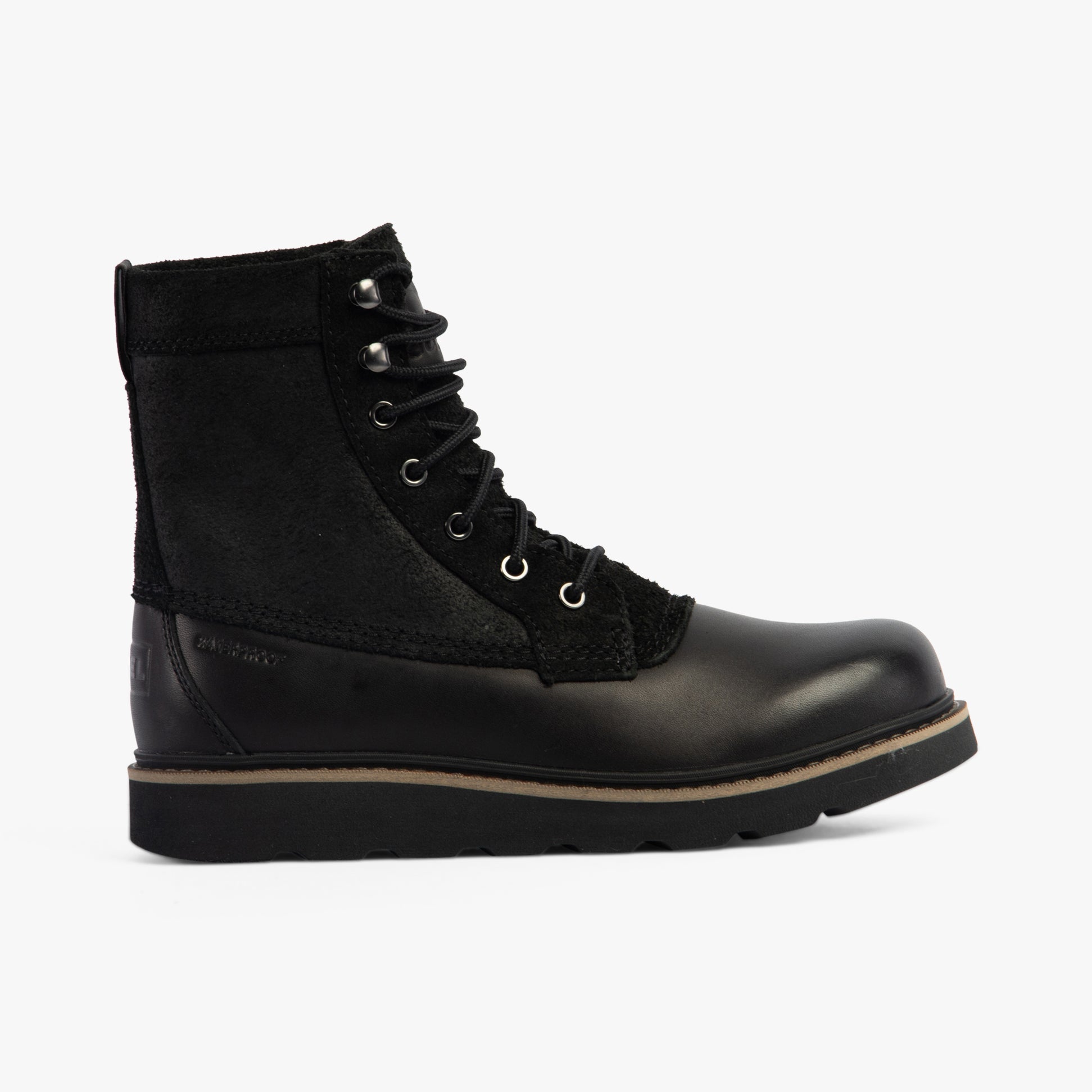 Sorel SLABTOWN 62' CARIBOU Mens Boots Black side view featuring black leather and textile upper with lace-up closure.