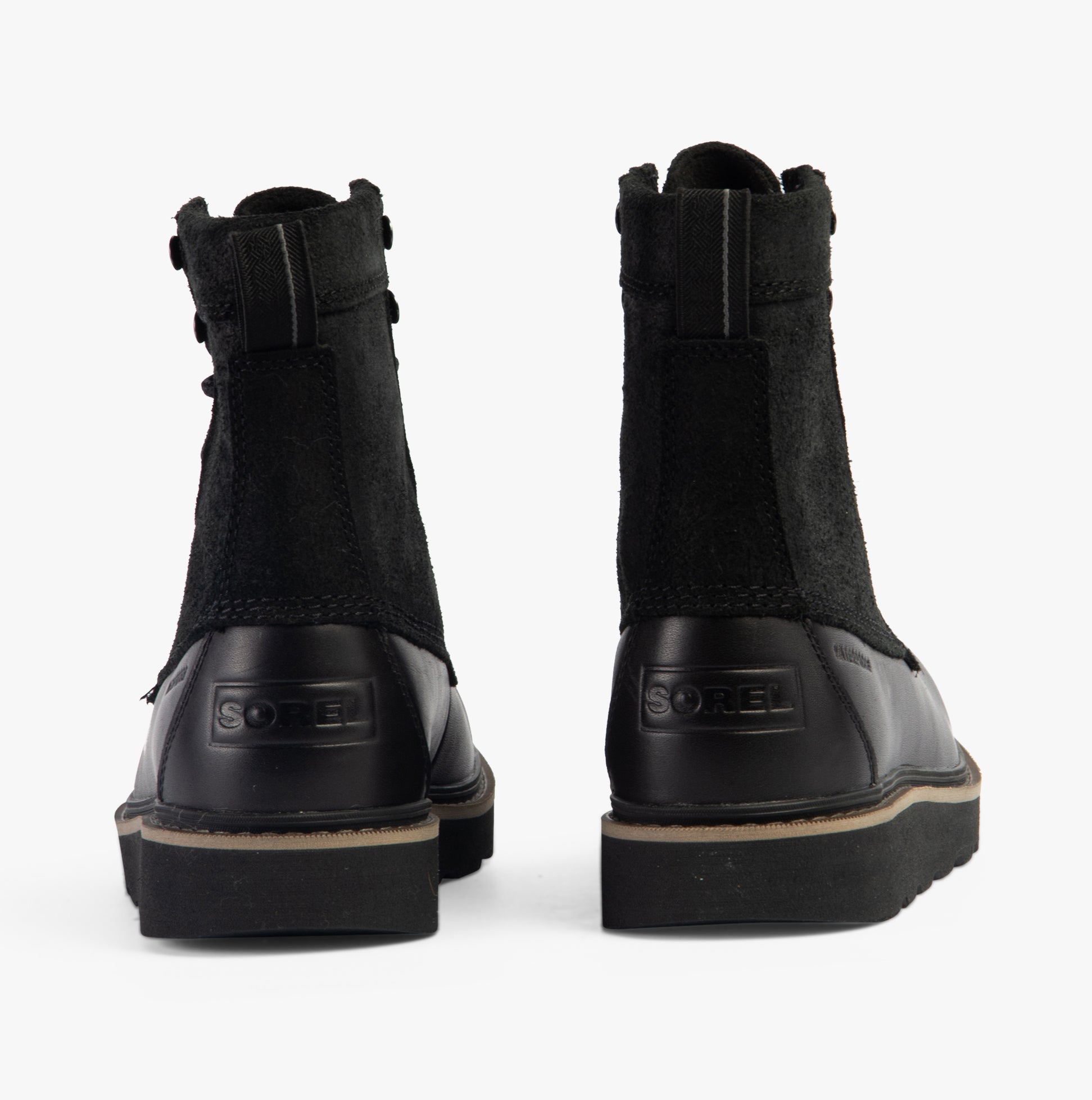 Sorel SLABTOWN 62' CARIBOU Mens Boots Black rear view showcasing leather and textile design.