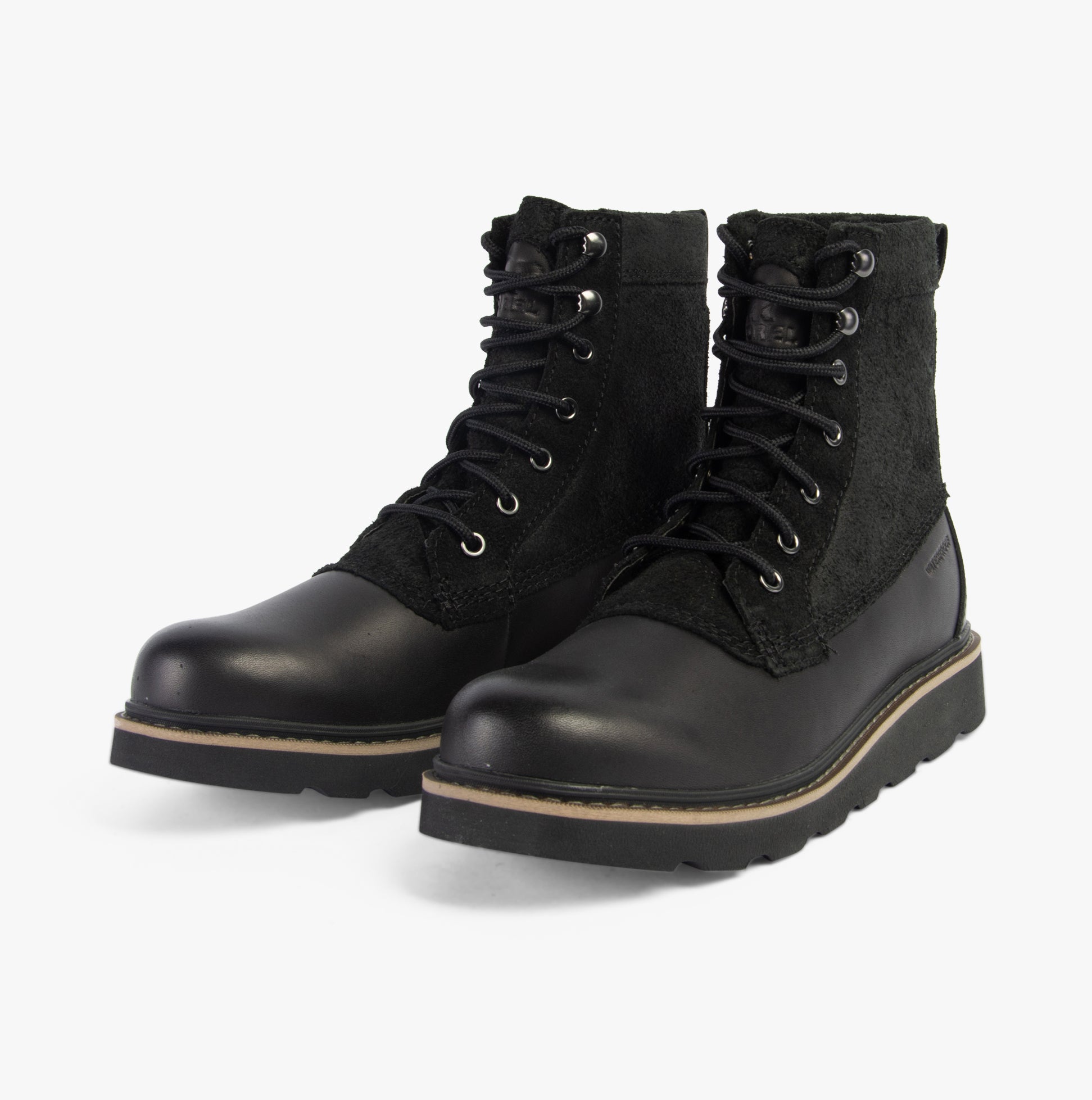Sorel SLABTOWN 62' CARIBOU Mens Boots Black side view showing leather and textile upper with round toe and lace-up closure.