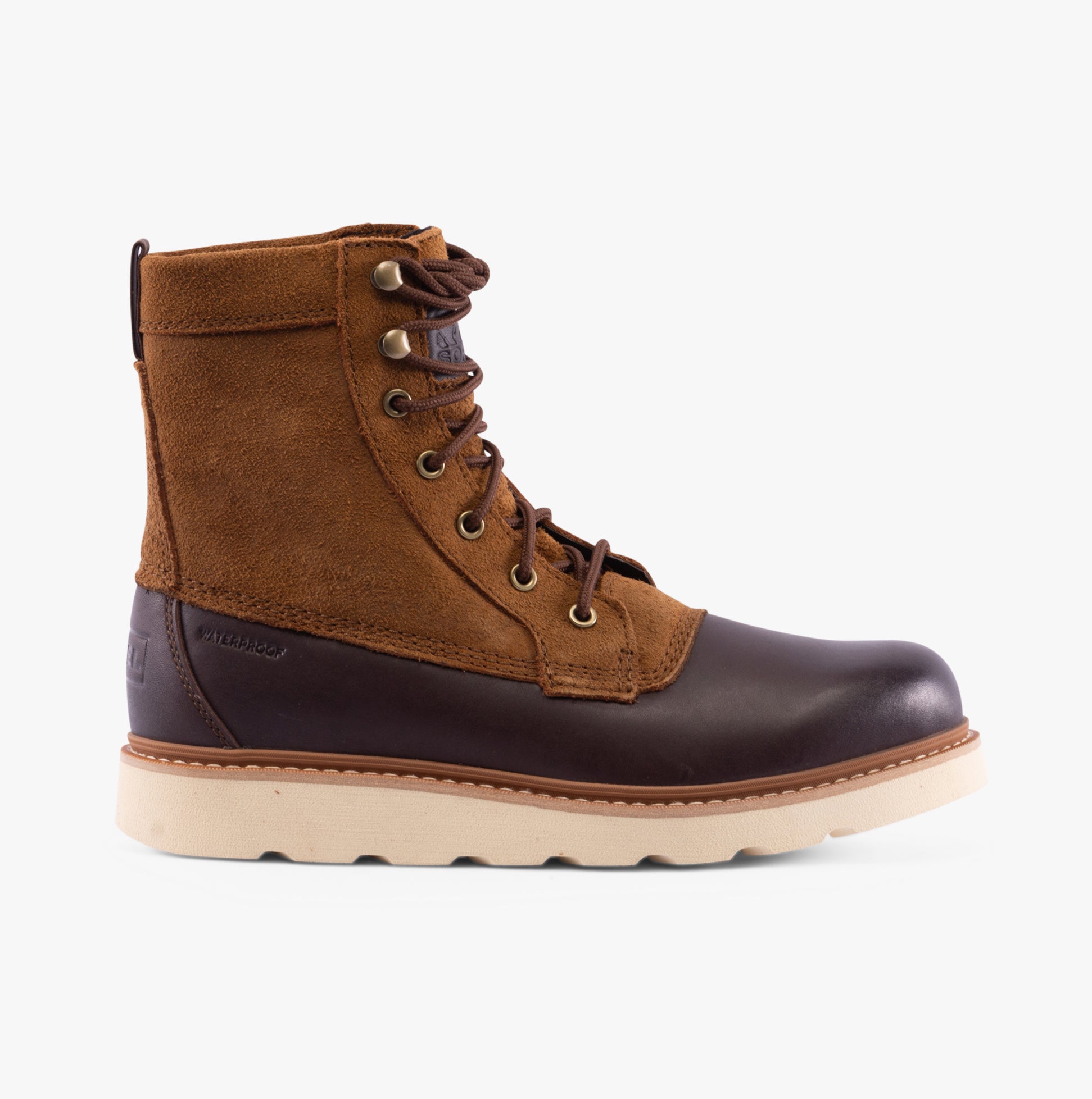 Sorel SLABTOWN 62' CARIBOU Mens Boots Brown side view featuring leather and textile upper with lace-up closure.
