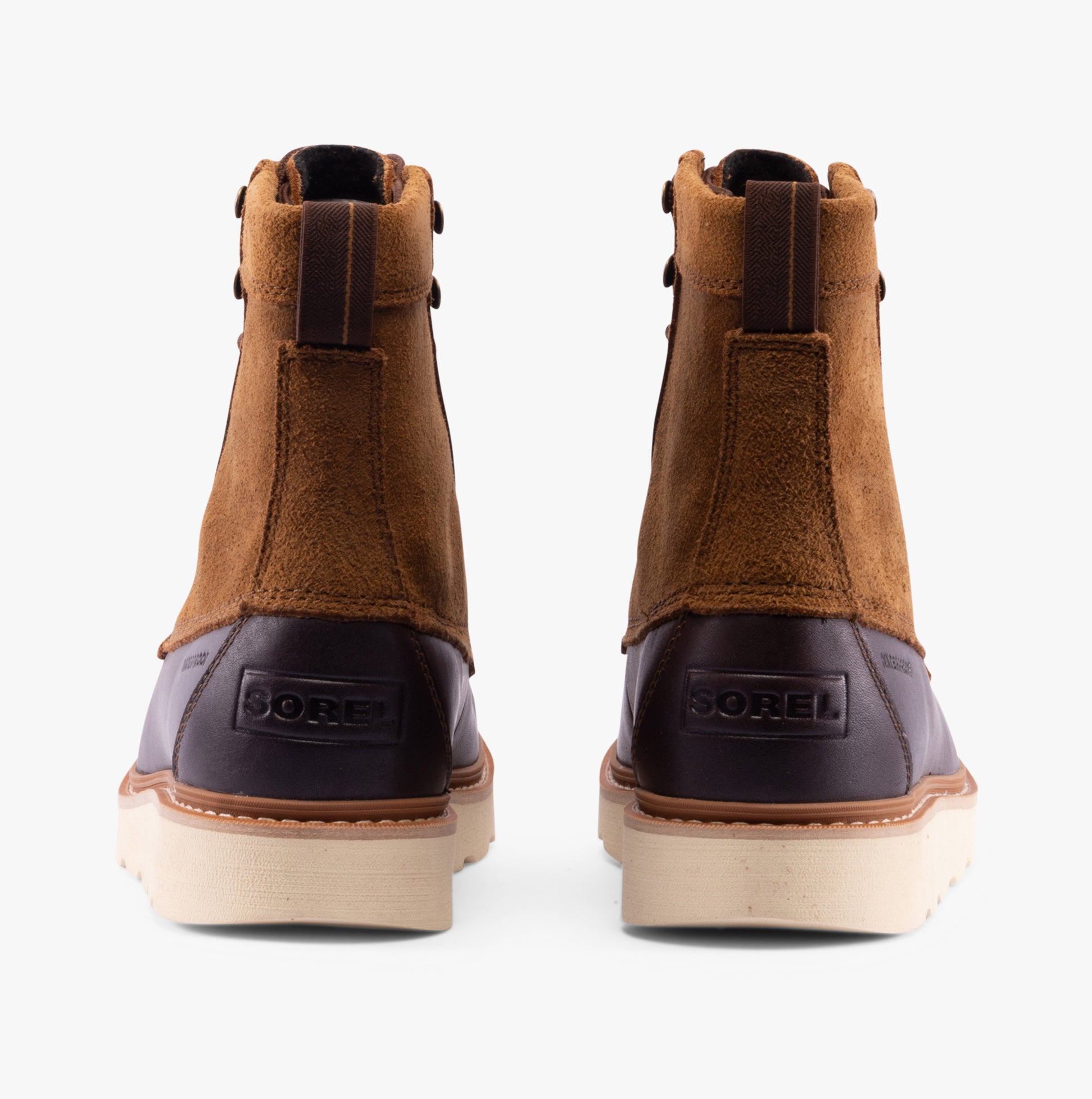 Sorel SLABTOWN 62' CARIBOU Mens Boots Brown rear view showcasing suede upper and rubber sole.