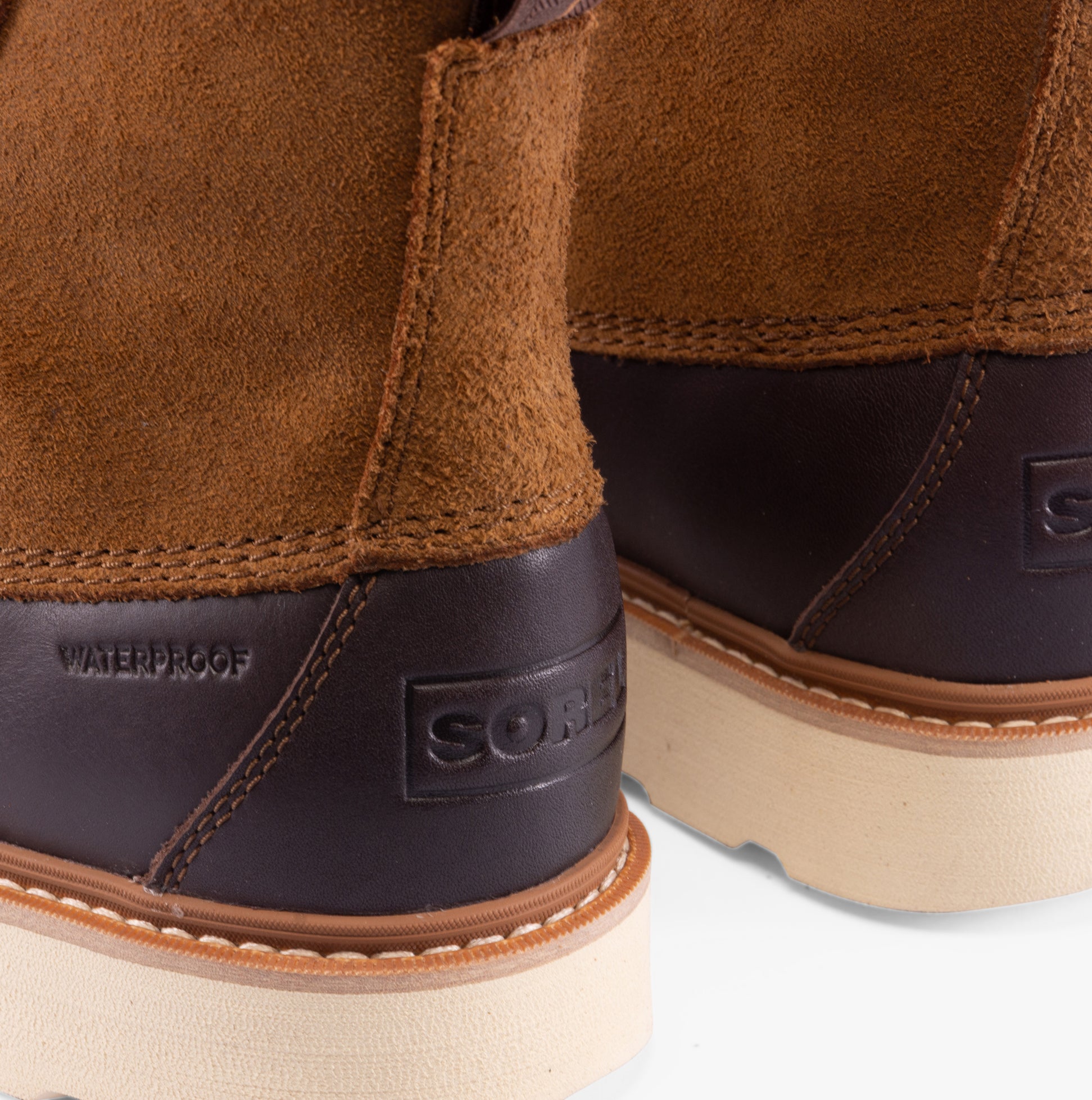 Sorel SLABTOWN 62' CARIBOU Mens Boots Brown detail view showing waterproof feature and heel design.