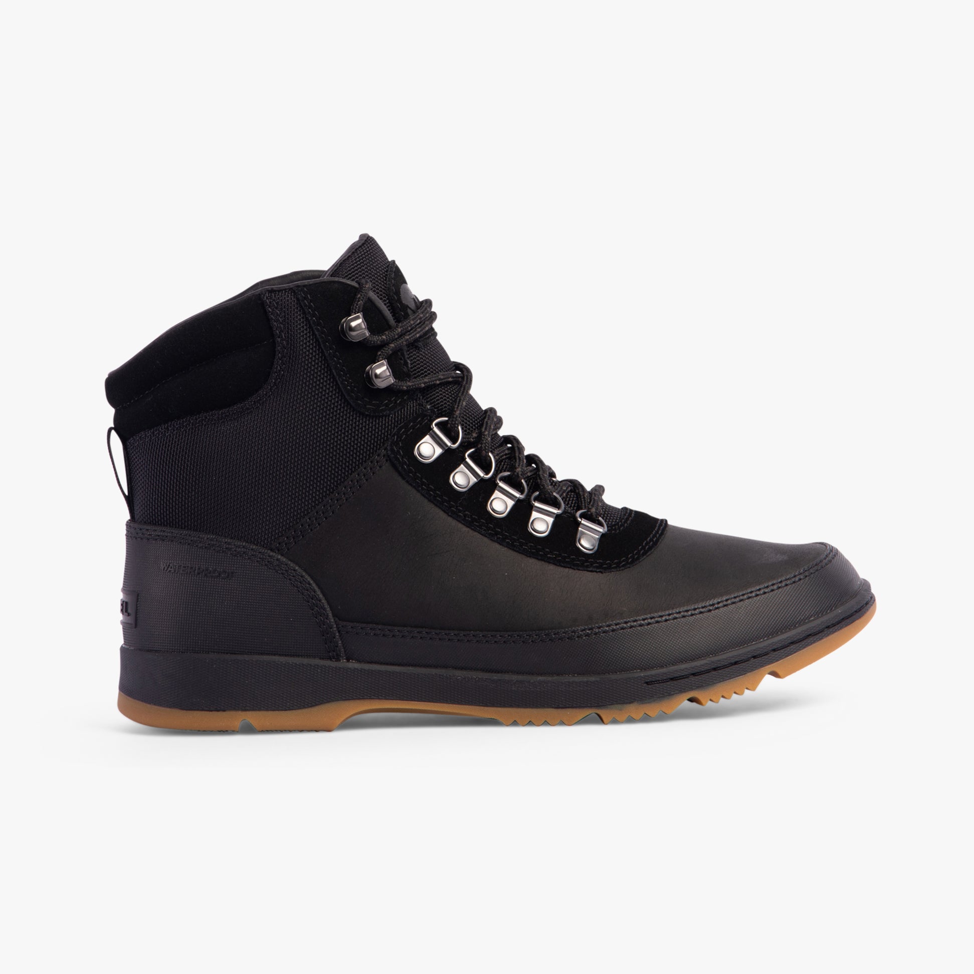 Sorel ANKENY II HIKER PLUS Mens Hiker Boots Black side view showcasing waterproof leather and rubber sole.
