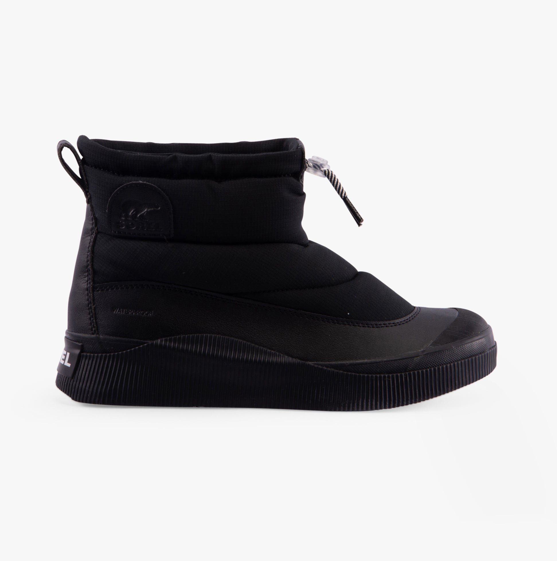 Sorel OUT N ABOUT IV PUFFY Womens Winter Boots Black side view showing waterproof ankle boot with lace-up detail.