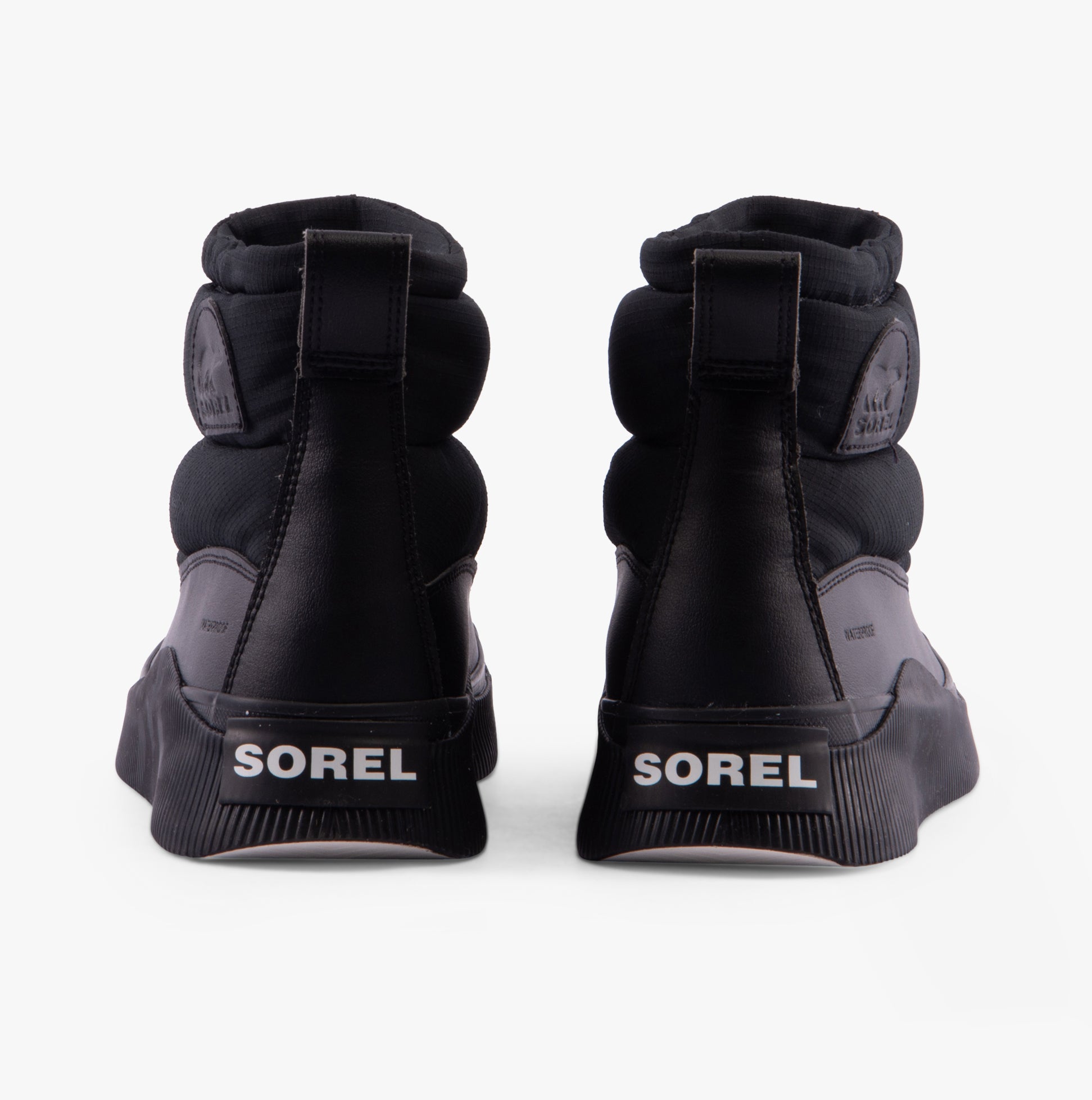 Sorel OUT N ABOUT IV PUFFY Womens Winter Boots Black back view showing logo and design features.