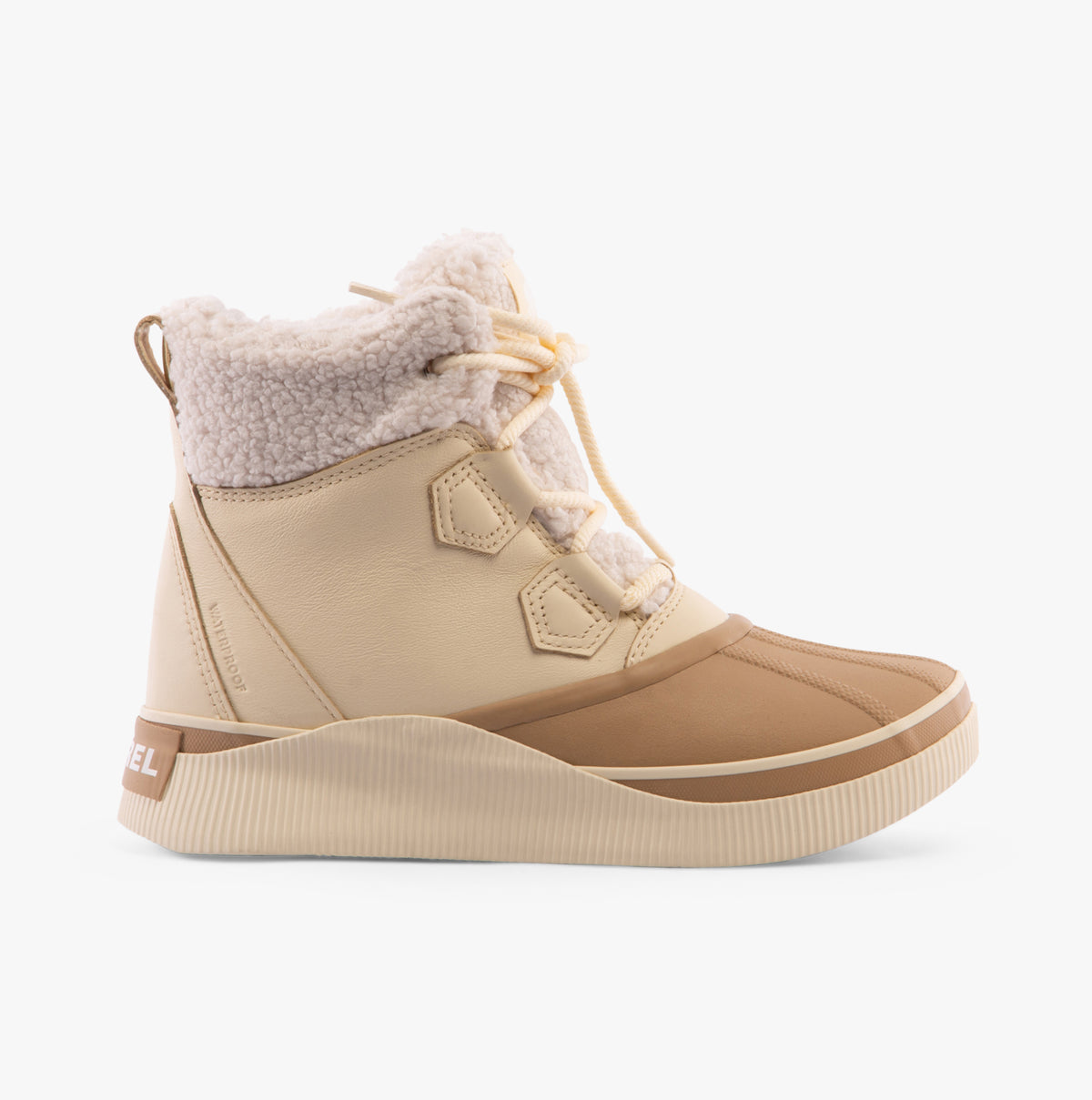 Sorel OUT N ABOUT IV CHILLZ Womens Winter Boots Brown side view featuring leather and suede upper, lace-up closure, and rubber sole.