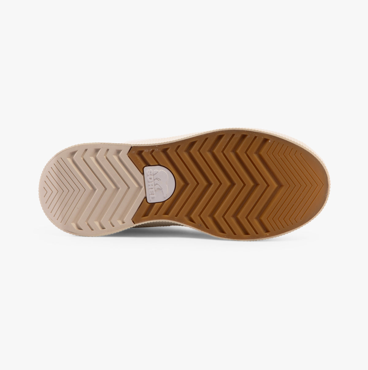 Sorel OUT N ABOUT IV CHILLZ Womens Winter Boots Brown bottom view showing rubber sole with herringbone pattern.