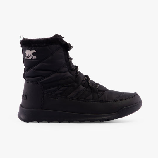 Sorel WHITNEY II PLUS LACE Womens Winter Boots Black side view featuring nylon upper and lace-up design.