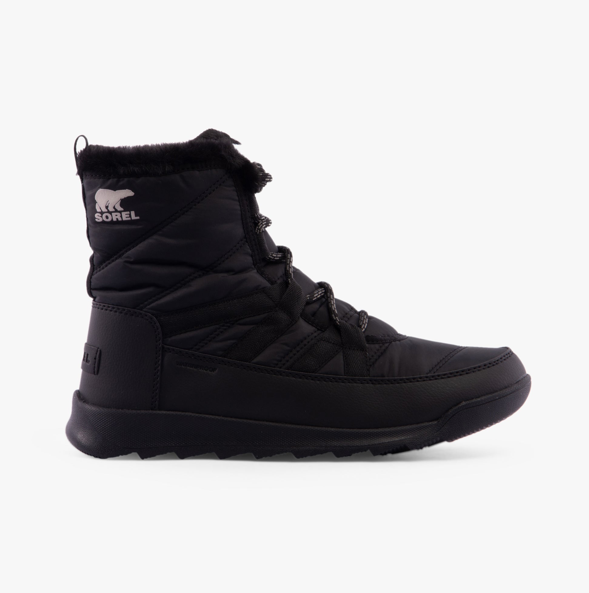 Sorel WHITNEY II PLUS LACE Womens Winter Boots Black side view featuring nylon upper and lace-up design.