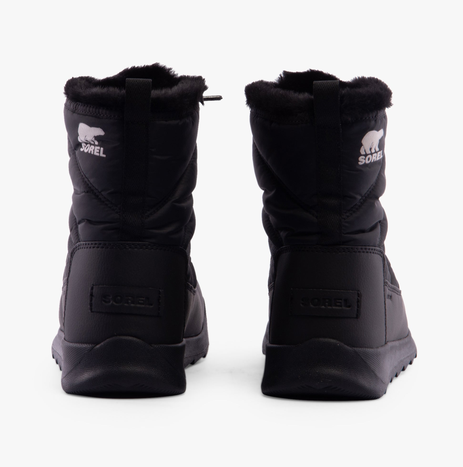 Sorel WHITNEY II PLUS LACE Womens Winter Boots Black back view showcasing the cozy microfleece lining and rubber sole.