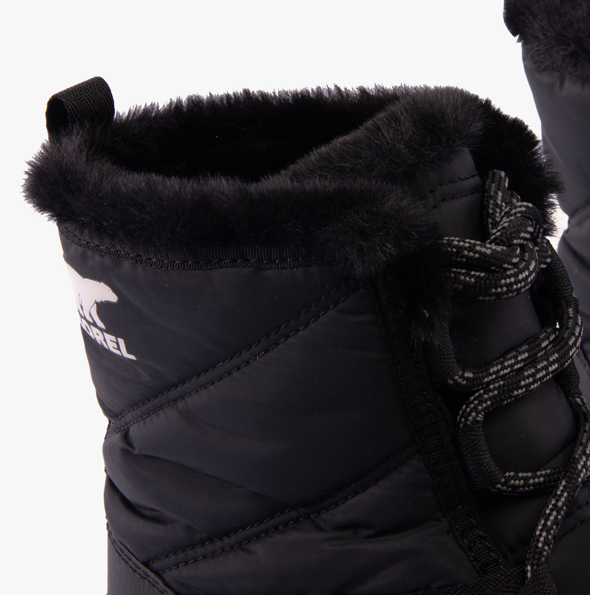 Sorel WHITNEY II PLUS LACE Womens Winter Boots Black detail view showing plush lining and lace-up design.